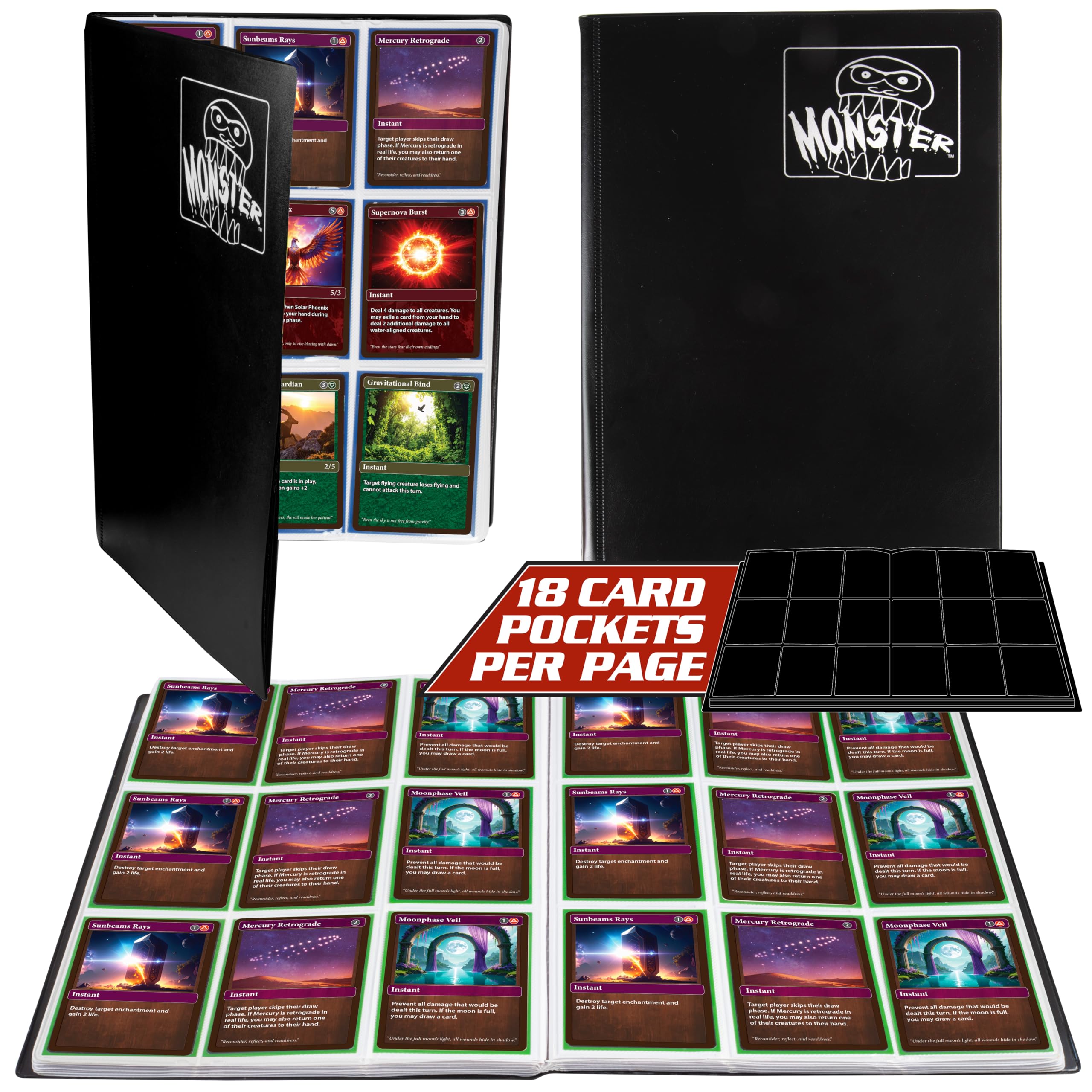 Binder - 9 Pocket Trading Card Album - Matte Black w White Pages - Holds 360 Yugioh, Magic, and Pokemon Cards