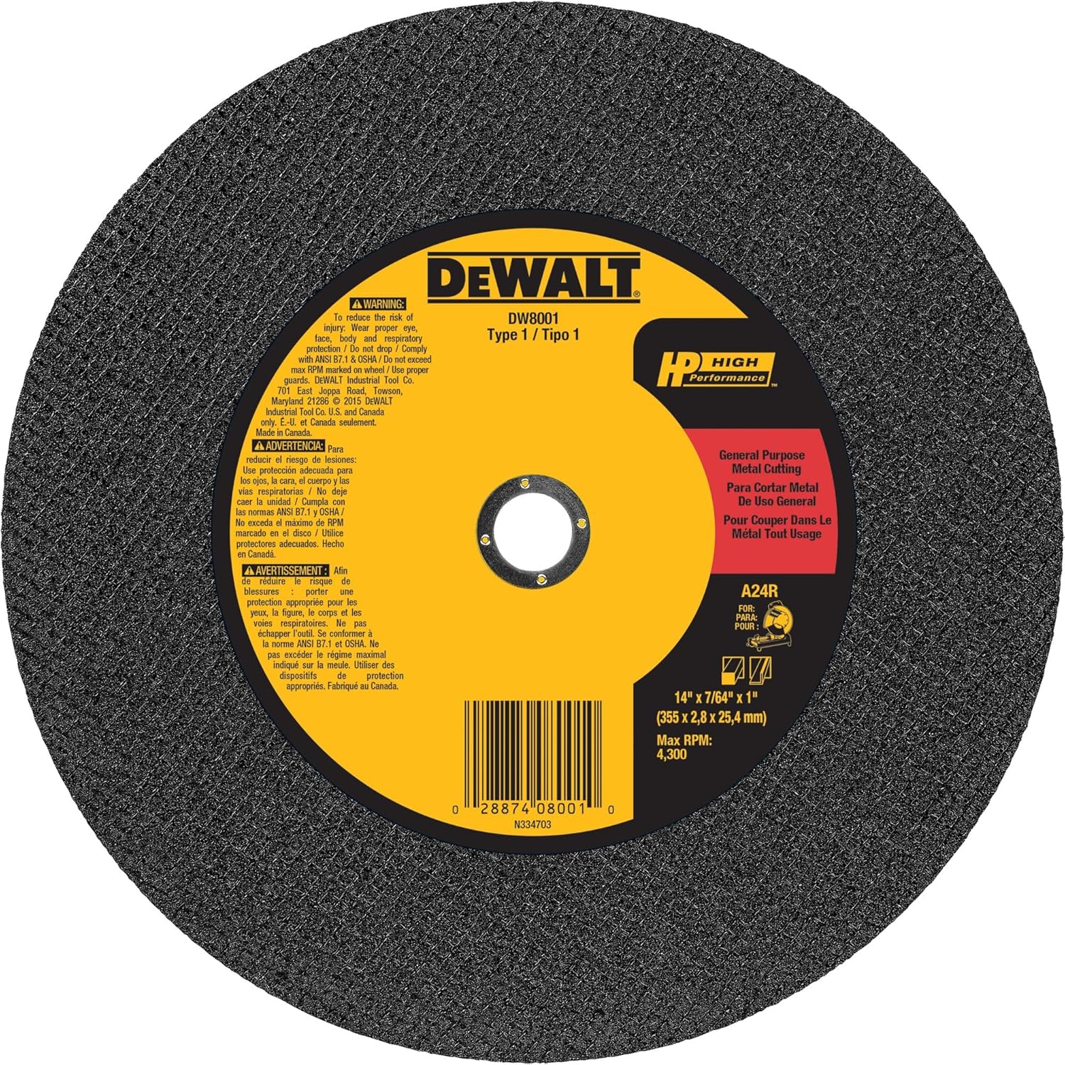 DEWALT 14" Chop Saw Blade, Metal Cut-Off Wheel (DW8001)