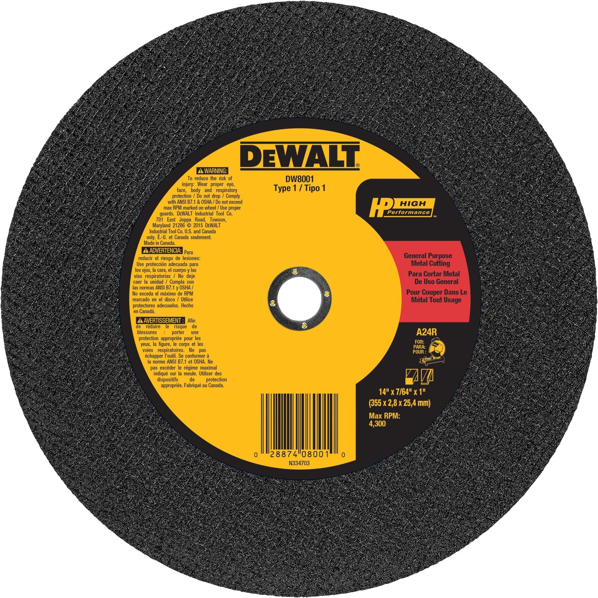 DEWALT 14" Chop Saw Blade, Metal Cut-Off Wheel (DW8001)