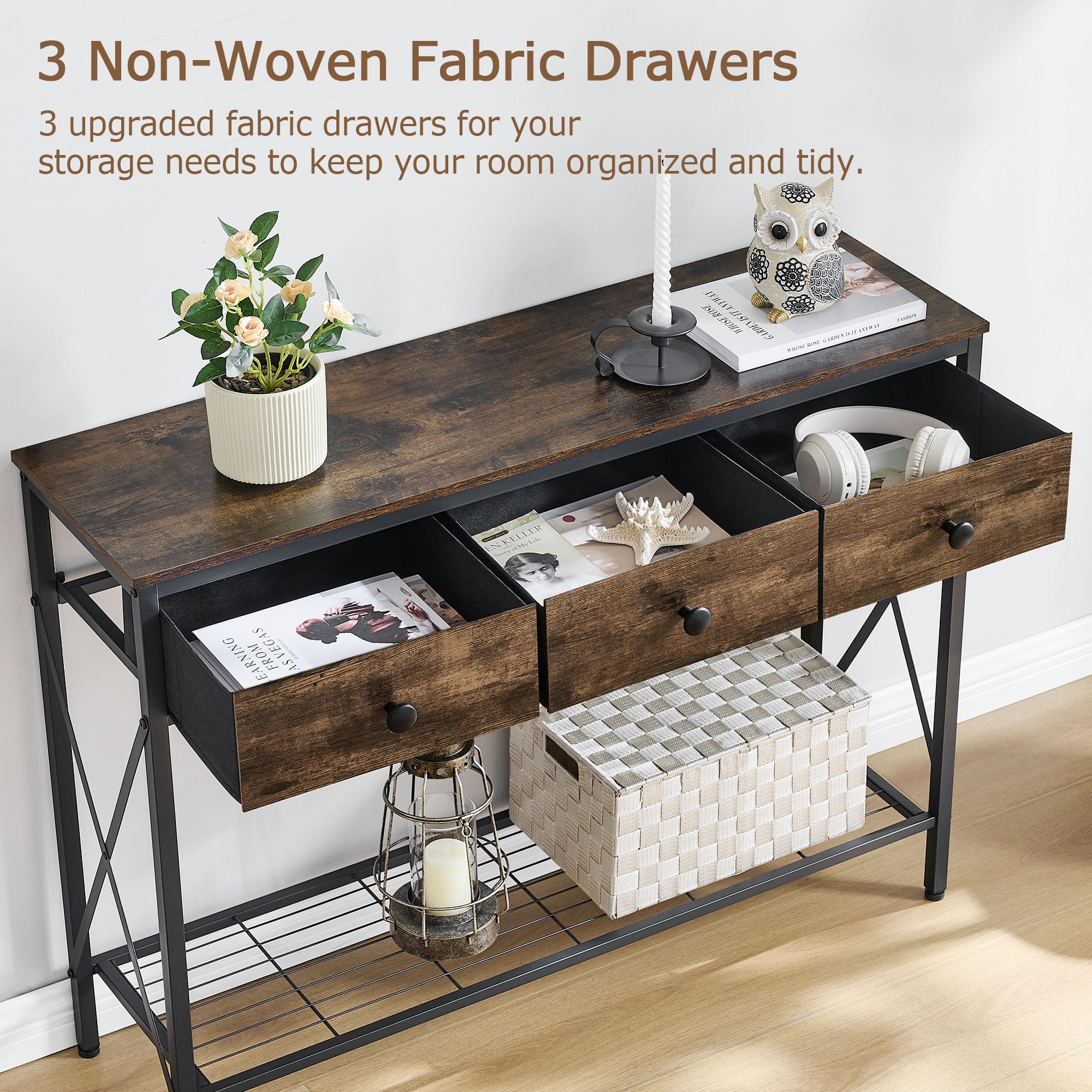 FAVOOSTY Mesas de Consola, Mesa de sofá con 2 cajones y estantes de 1 Nivel, Mesa de Pasillo de Madera, 101.00 × 29.50 × 76.50 cm para Pasillo, salón, Dormitorio