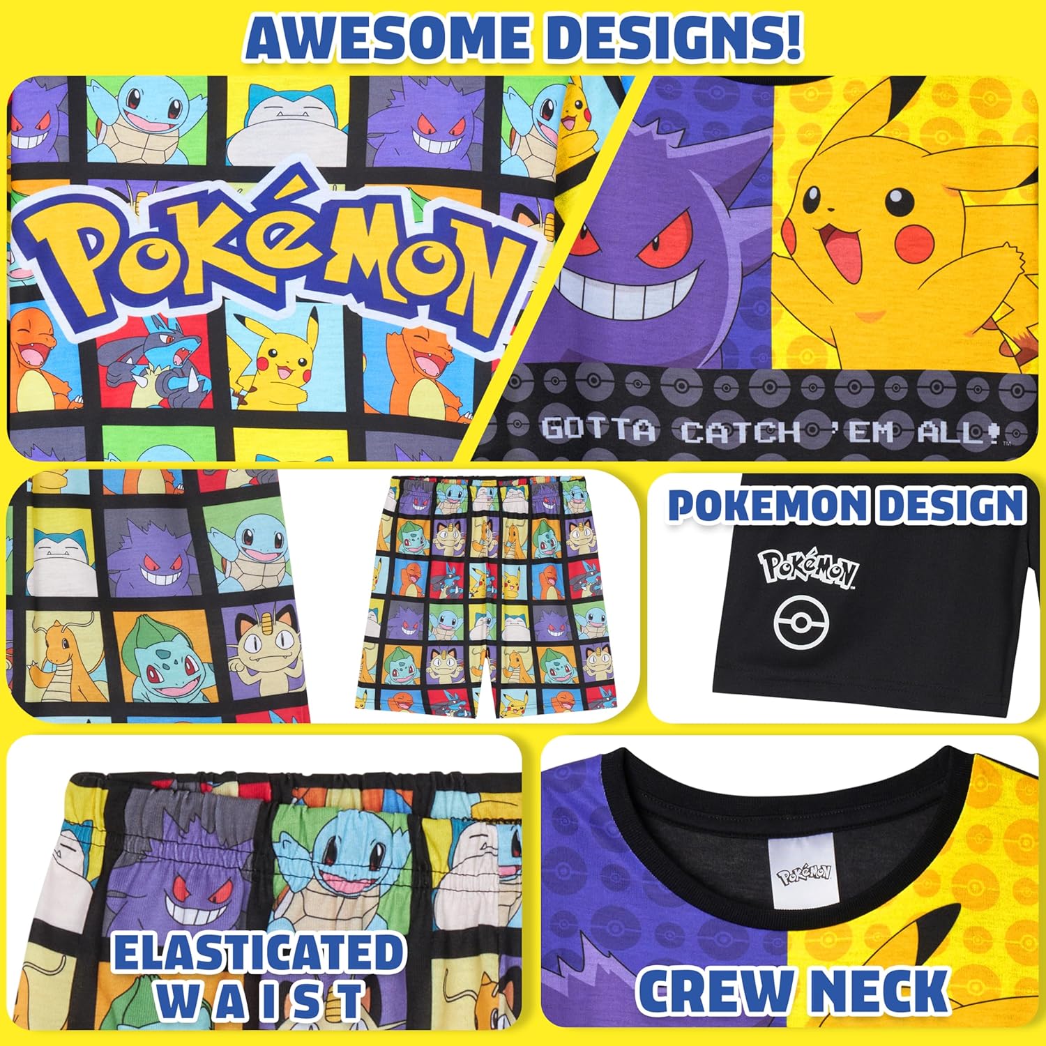 Pokemon Boys Pajamas for Kids Teens 2 Pack Short Sleeve T Shirt & Shorts, Pikachu PJs Lounge Set Anime Gifts for Boys - Image 4