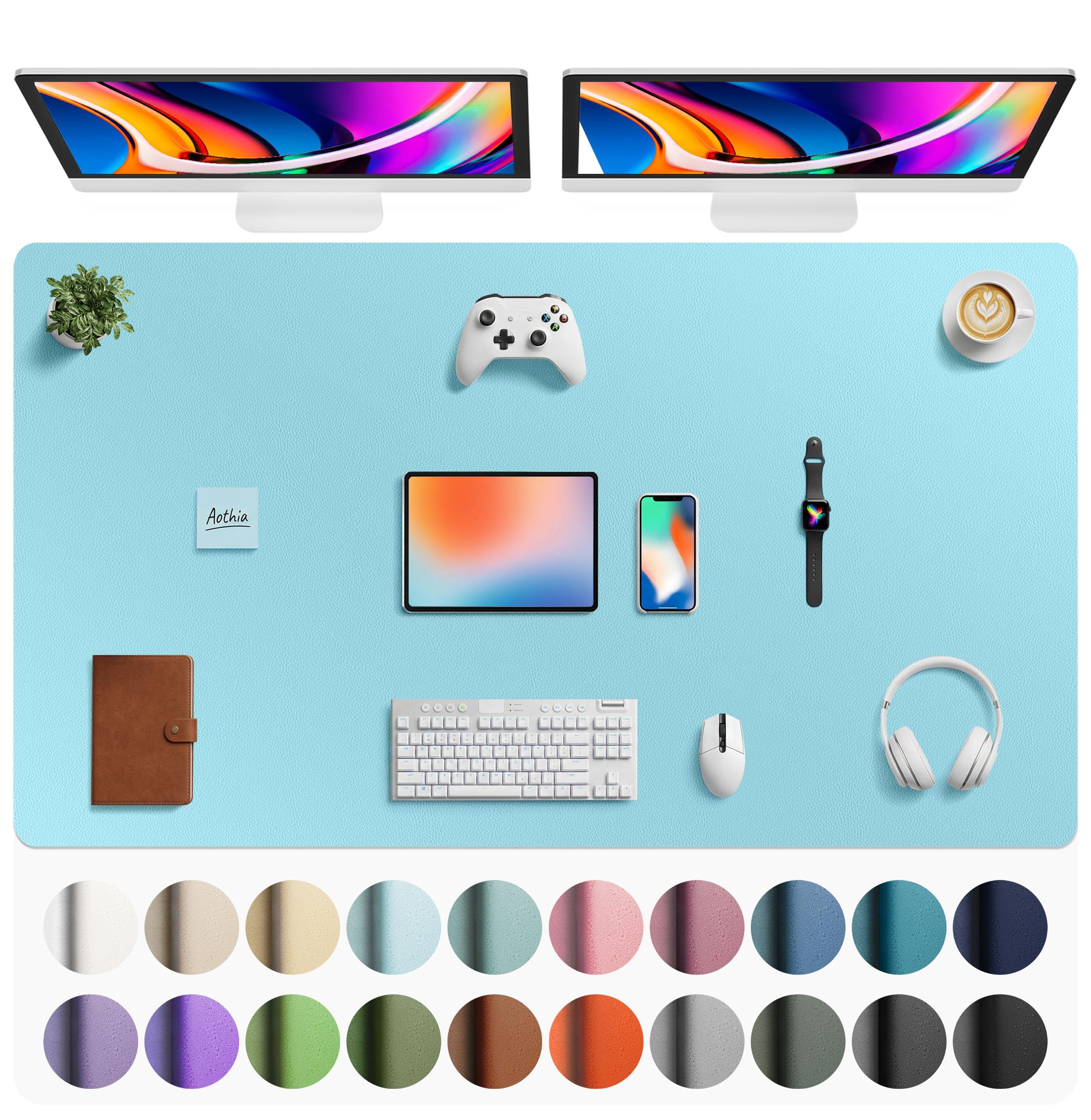 Aothia Faux Leather Desk Mat - Large Mouse Pad, Non-Slip PU Leather Blotter, Waterproof Writing Surface for Office and Home (Blue Topaz, 63" x 24")