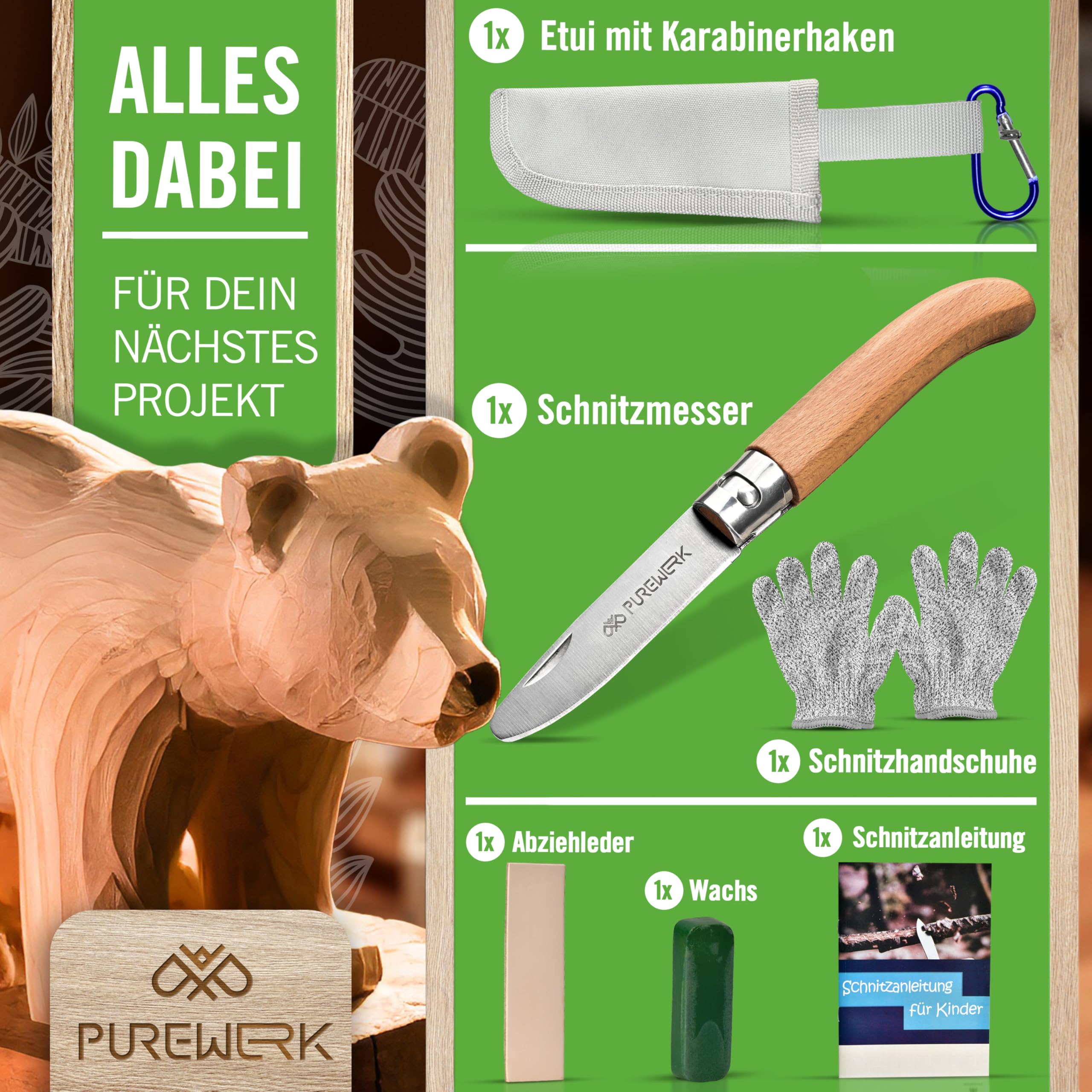 Schnitzmesser Kinder ab 6 Jahre [mit abgerundeter Spitze] - klappbares Outdoor-Taschenmesser mit Holzgriff - Schnitzset mit Kinderschnitzmesser, Etui, Handschuhen und mehr