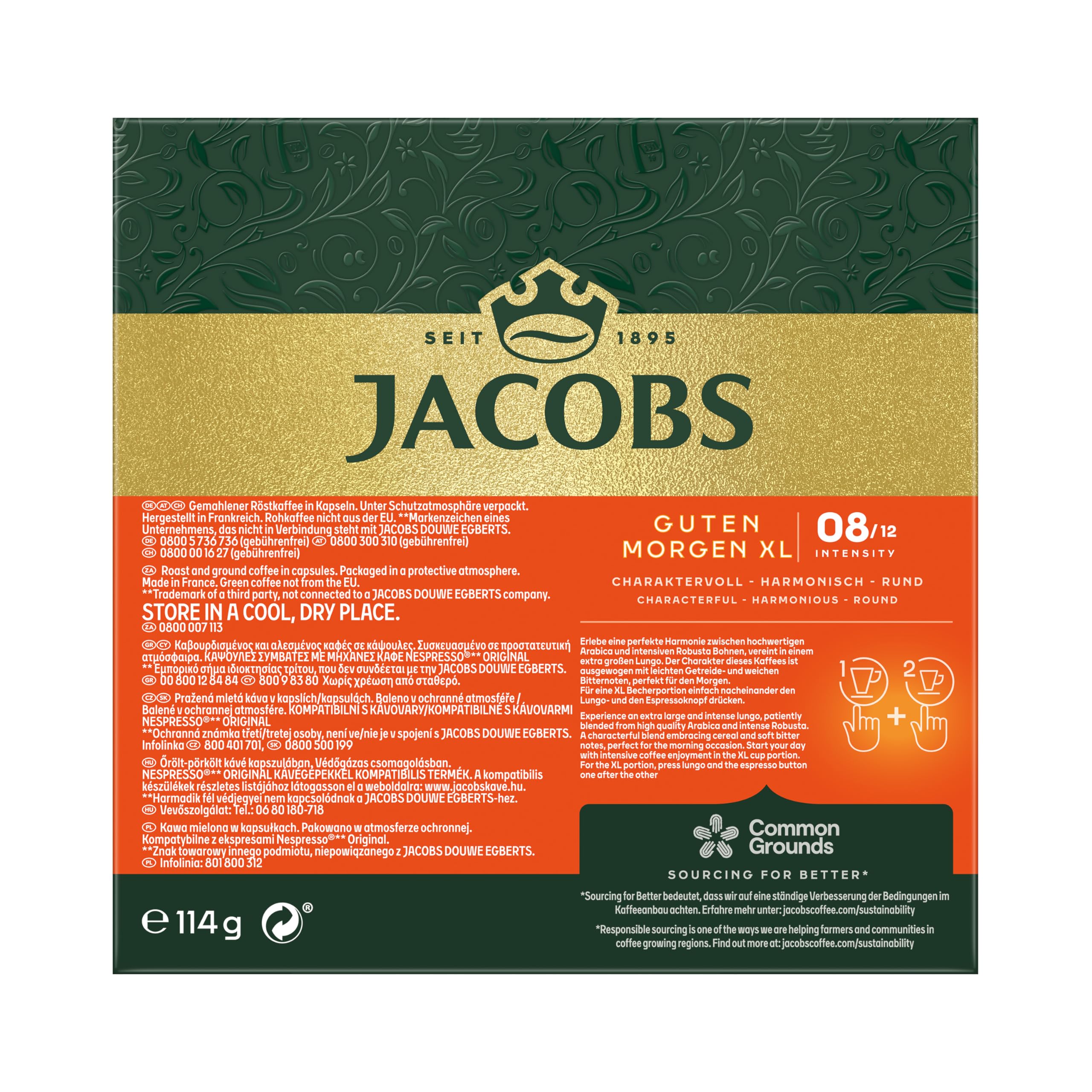 Jacobs Kaffeekapseln Guten Morgen XL Intense, Intensität 8/12, 10 x 20 Getränke, Nespresso* kompatible Kaffee Kapseln, 200 Kapseln