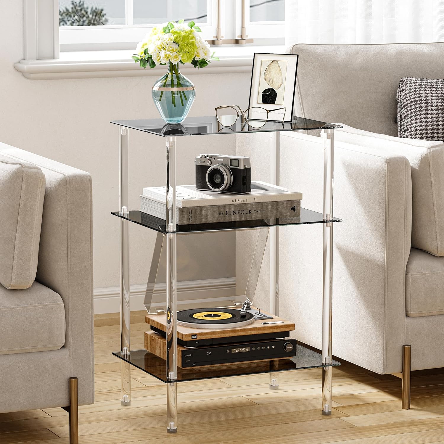 Tempered Glass Side Tables Set of 2 Acrylic End Table with 3 Storage Shelve Transparent Bedside Simplicity Clear 3-Tier Nightstands for Small Spaces Office Bedroom Living Room Study Black ET-008BK3T Black 3 tier High image 9 of 11 B0F195XYRW