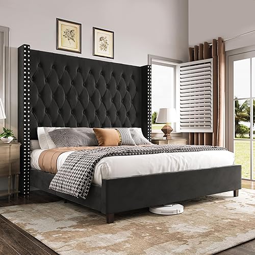 PaPaJet California King Size Bed Frame with 61.4" Tall Headboard, Velvet Modern Upholstered Tufted Bed for Adults, Handmade Deep Button Tufting, Solid Wood Legs, No Box Spring Required, Black