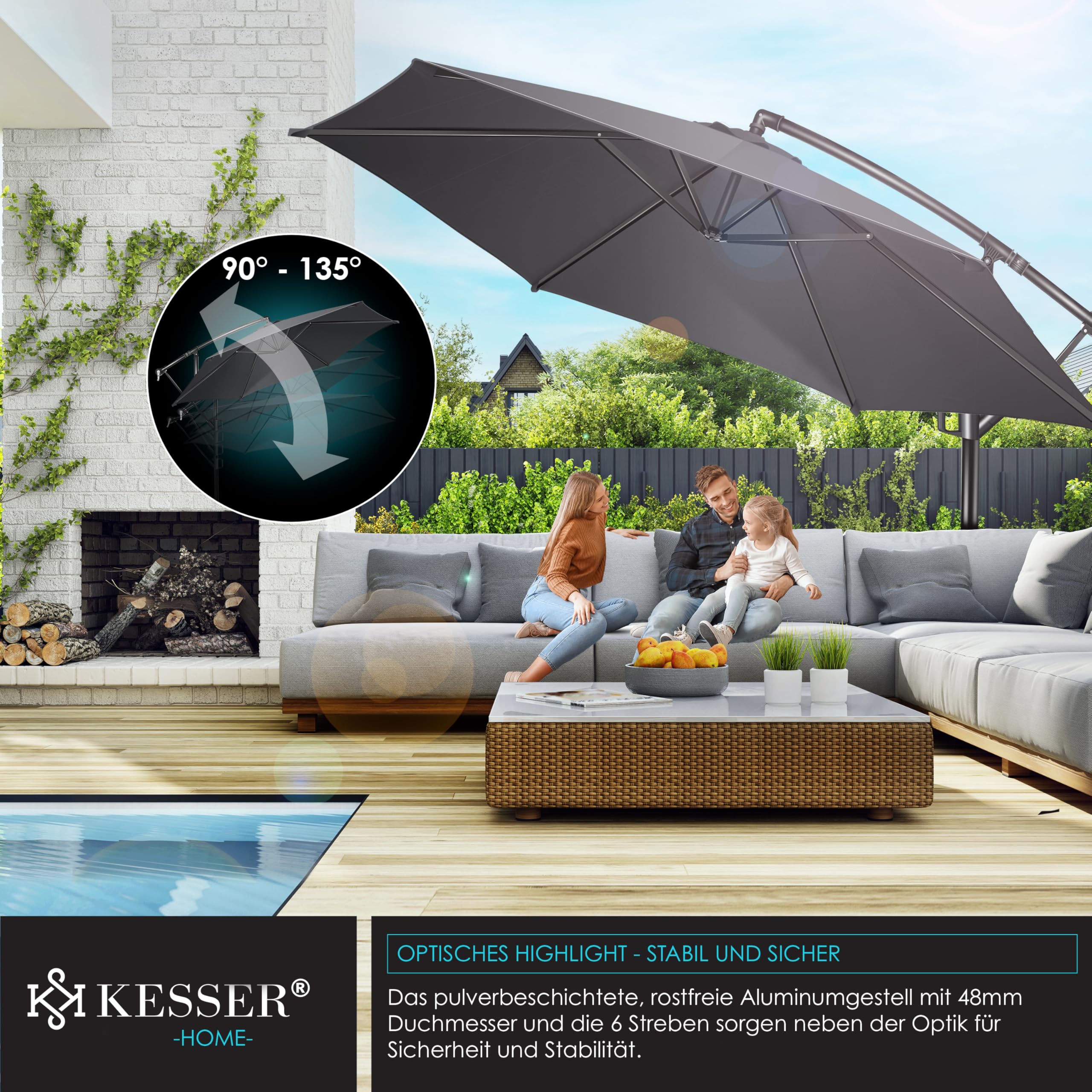 KESSER® aluminium zweefparasol, LED solar, inclusief afdekking, afstandsbediening, cover, veiligheidstouw & zwengel, draaibaar 360°, UV-bescherming