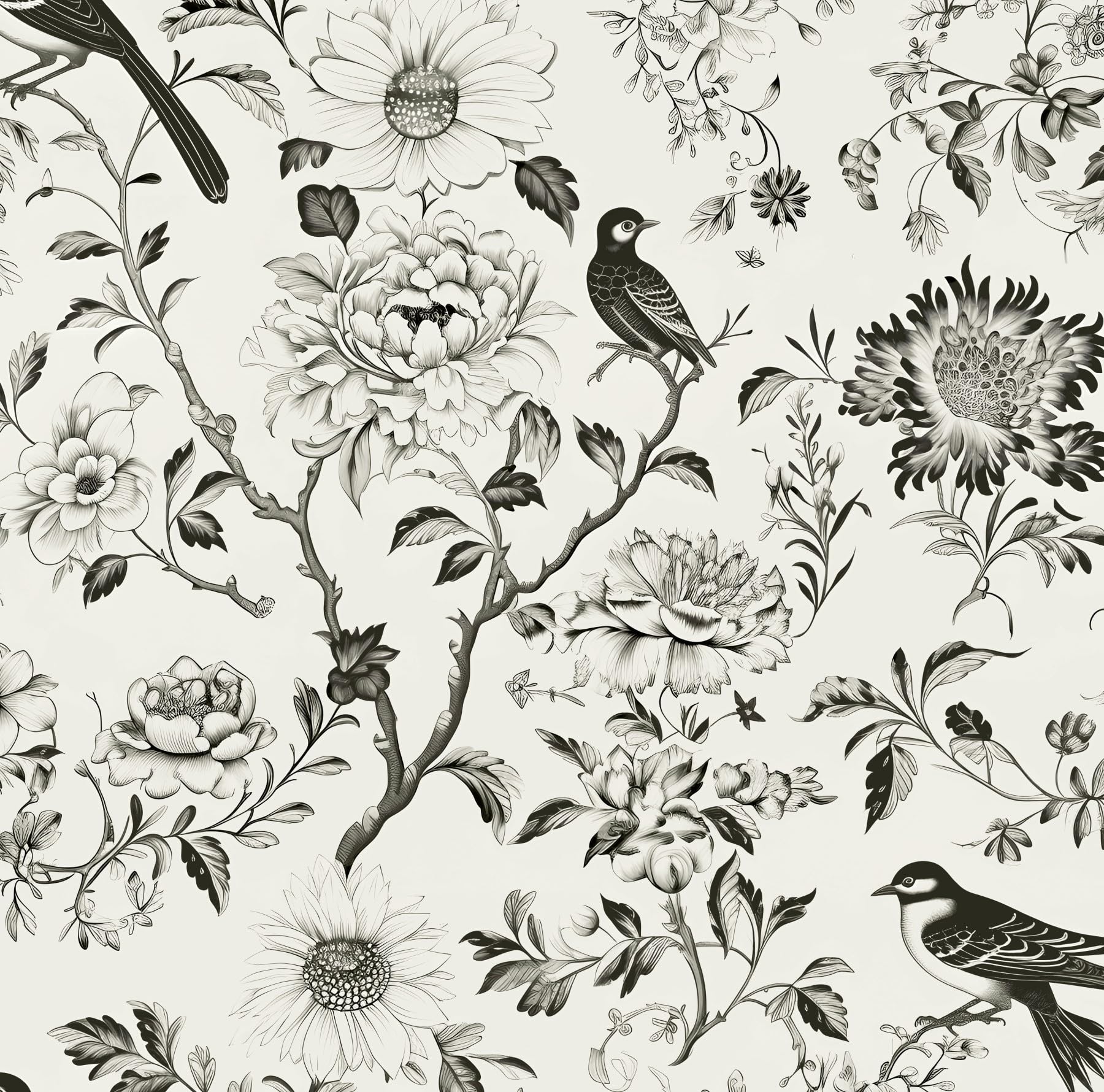 Floral Wallpaper Peel and Stick, Black and White Bidrs Contact Paper,Sketched Botanical Flowers Wall Paper Mural Self Adhesive Removable for Bedroom Bathroom Shelves Cabinet Table 17.5" x 118"