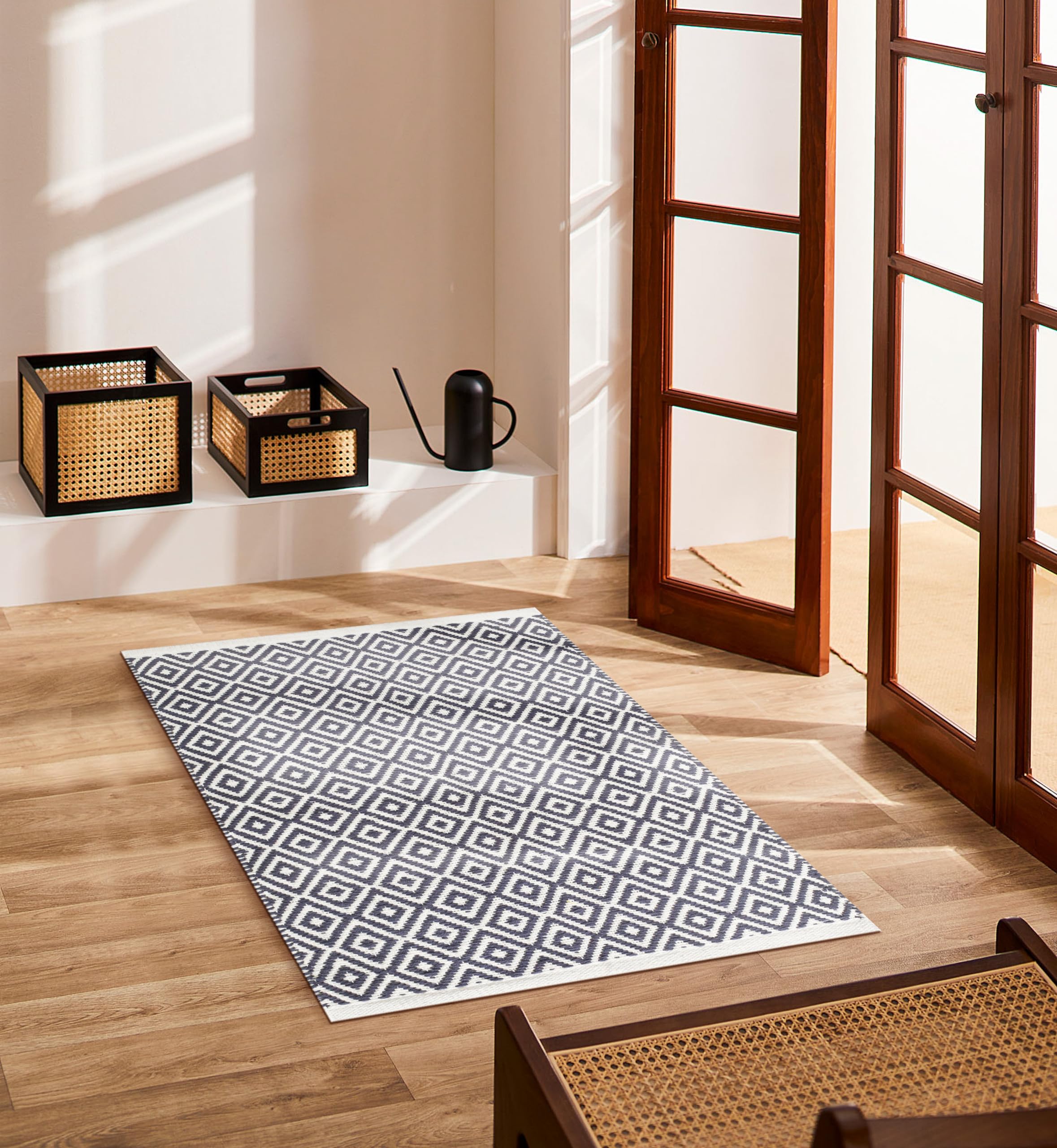 Area Rug - Floor Rug 22x34 inch - 100% Cotton Hand-Woven Rug - Washable Farmhouse Area Rug for Bedroom Living Room Laundry Room Kitchen Entryway Hallway - Cream Grey