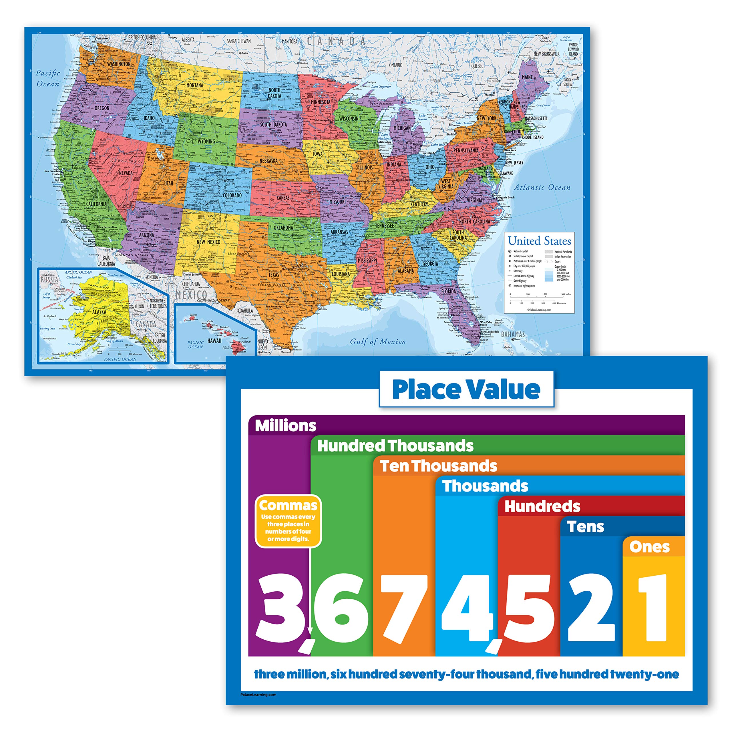 2 Pack - World Map Poster [Blue Ocean] & Understanding Place Value Math Chart (Laminated, 18" x 24")