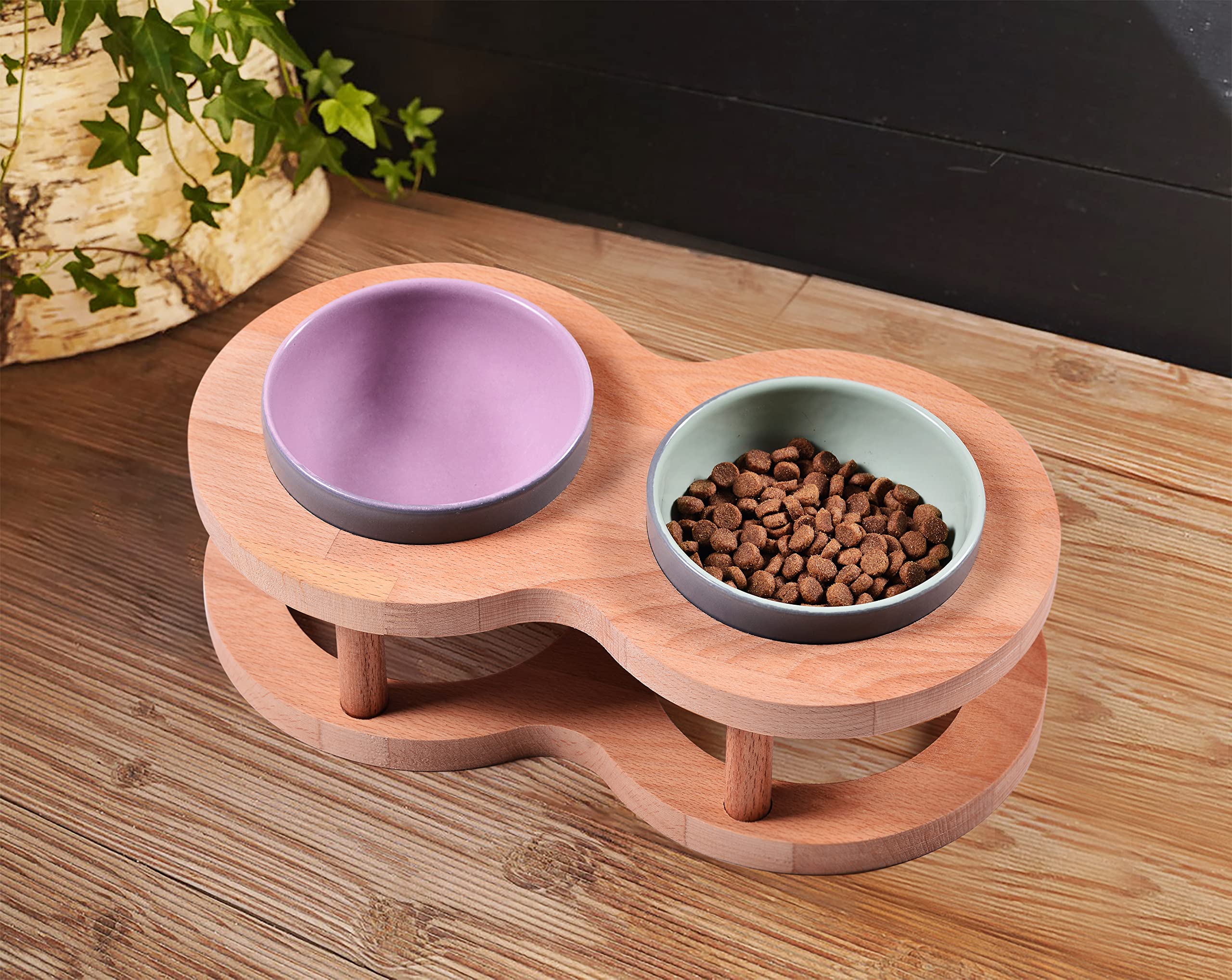 Lot de 2 gamelles en céramique avec support en bois pour chien et chat - Sans déversement - Pour nourriture et eau - Pour chats et petits chiens - Table à manger - Style clôture - Double gamelle