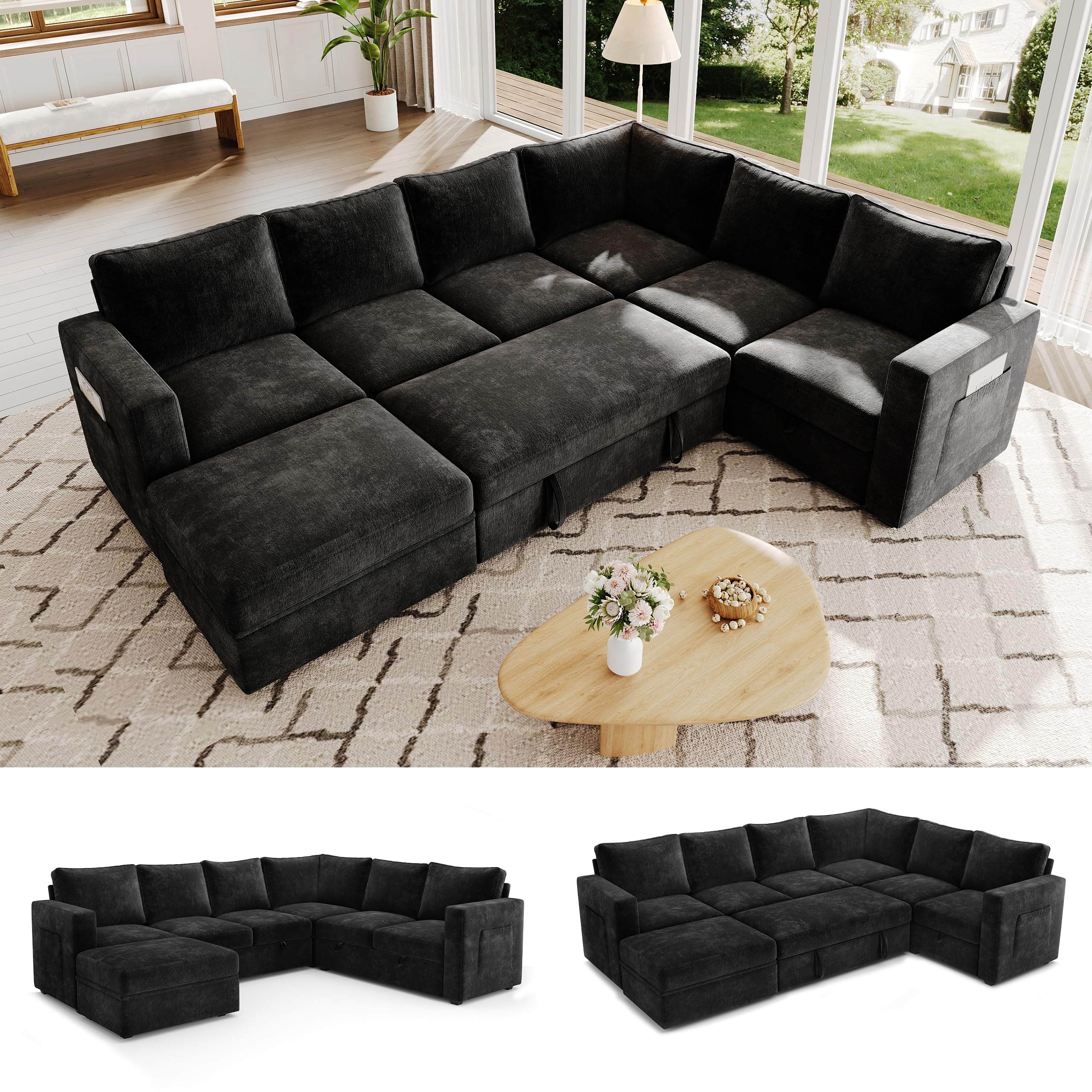 106.7" sectional sleeper sofa with pull out couch, modern 7 seat u shaped modular couch, sectionals modular sofa with storage, comfy sectional couches for living room & apartment, black (incomplete only chaise )