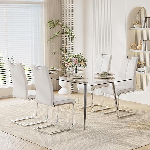 Miniatura 42 de Juego de mesa de comedor moderno de 51" de 7 piezas para 6, mesa rectangular de cristal con 6 sillas tapizadas en cuero, capacidad para 6 personas,