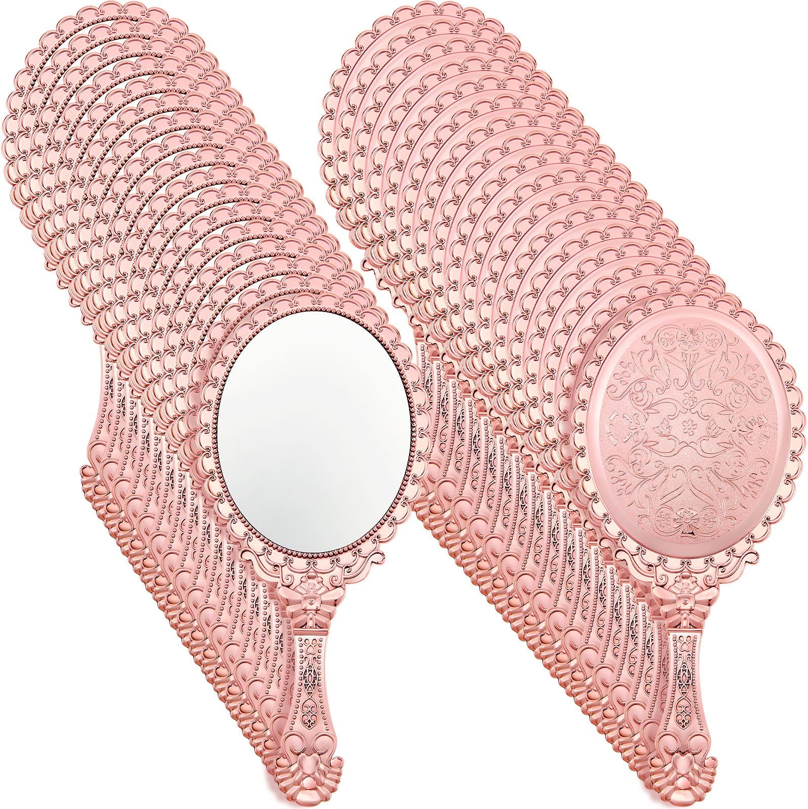 Qunclay Vintage Handheld Mirror Embossed Portable Hand Mirror with Handle for Small Compact Travel Makeup(Rose Gold,48 Pcs)