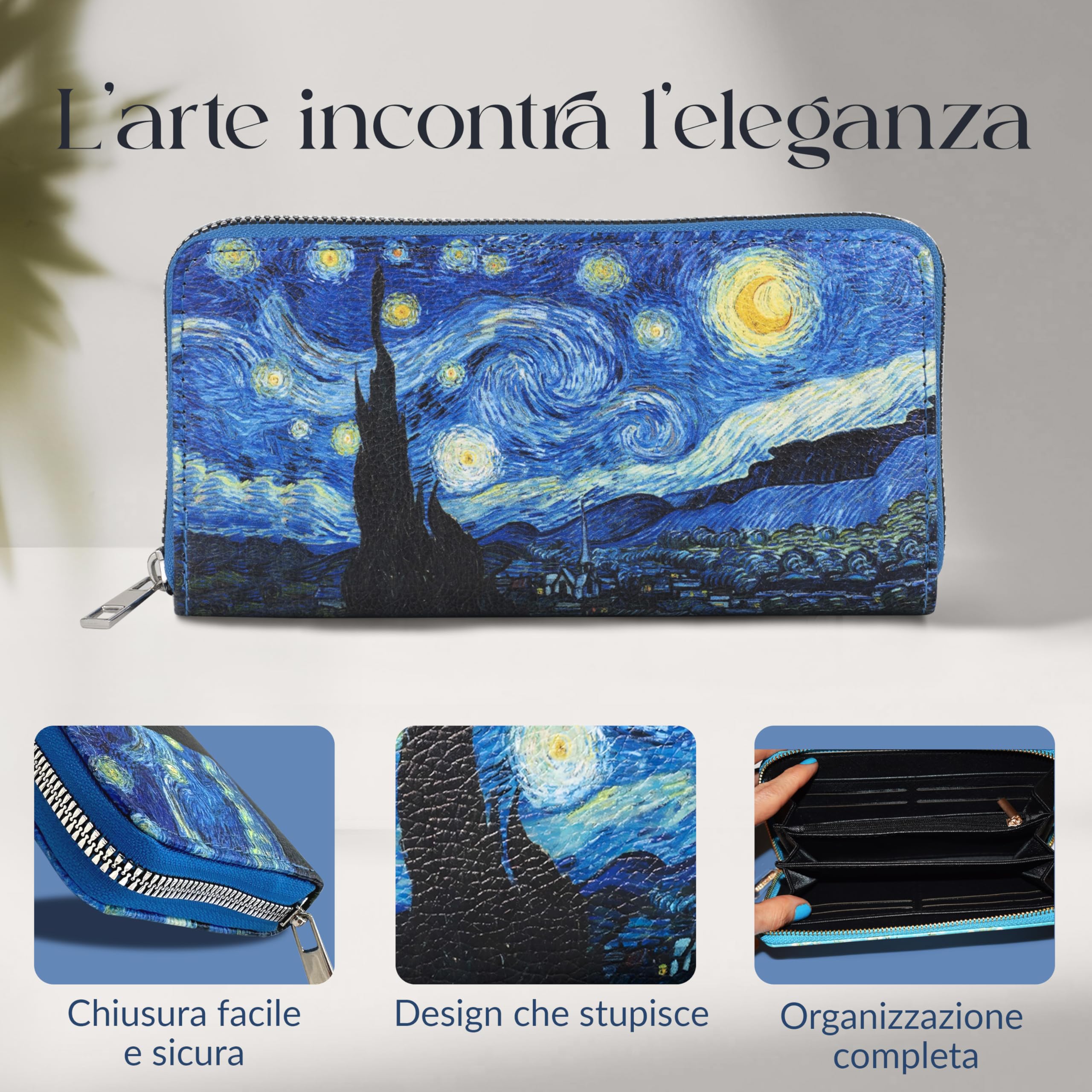Portafoglio Donna Grande in Morbida Pelle Sintetica con Portamonete e 12 Slot per Carte e Tessere | Elegante Borsellino con Zip, Stampa Notte Stellata