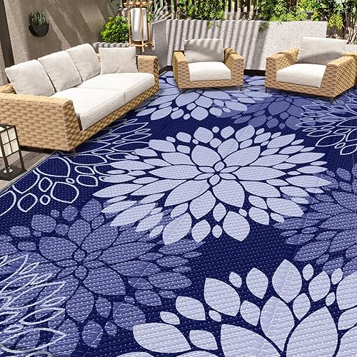 LuxStep Outdoor Rug Waterproof Outdoor Plastic Straw Rug Reversible Patio Rug Mat Outdoor Decor Large Area Mats for RV, Picnic, Backyard, Balcony, Porch, Beach, Camping, 8' x 10' Blue