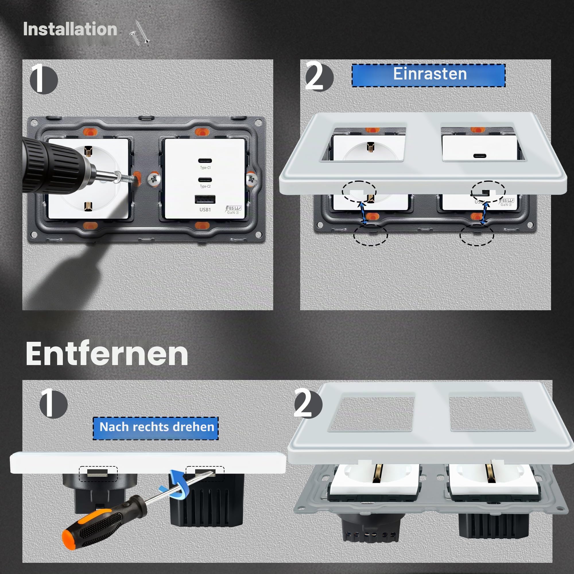 TAWOIA Schuko Steckdose Mit 65W Type C und USB Schnelllade Schnittstelle für Mobiltelefone, Tablets und Laptops,2 Fach Unterputz Mit 2,5D Curved Glas Platte, Wandsteckdosen Weiß 86 * 228mm