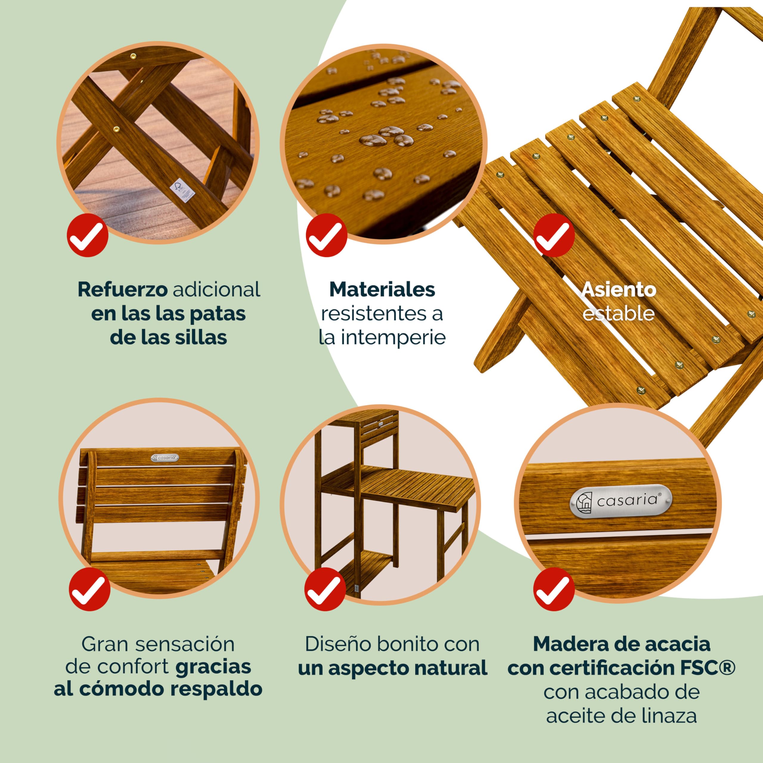 CASARIA® Set Muebles de Balcón Plegables 3Pzs Madera Acacia Resistente Intemperie Certificación FSC® Juego Terraza