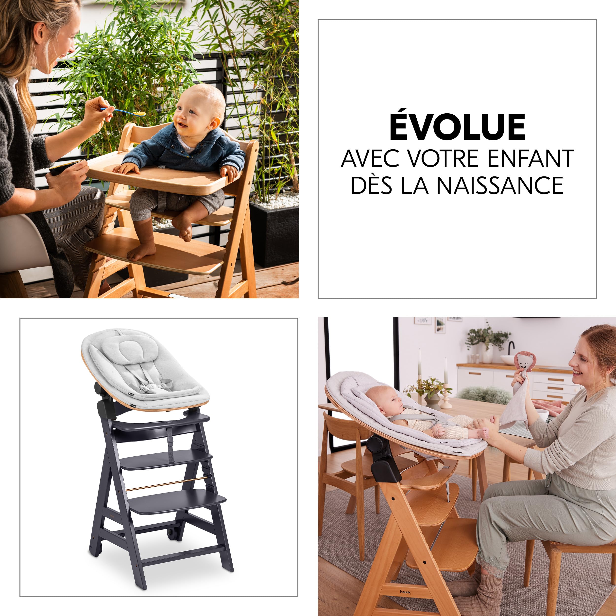 hauck Chaise Haute Bébé Beta+ avec Siège Nouveau-né Eco - Dark Grey | Chaise haute évolutive en bois, de la naissance à 90 kg, inclus assise bébé ergonomique, roues, plateau repas, coussin