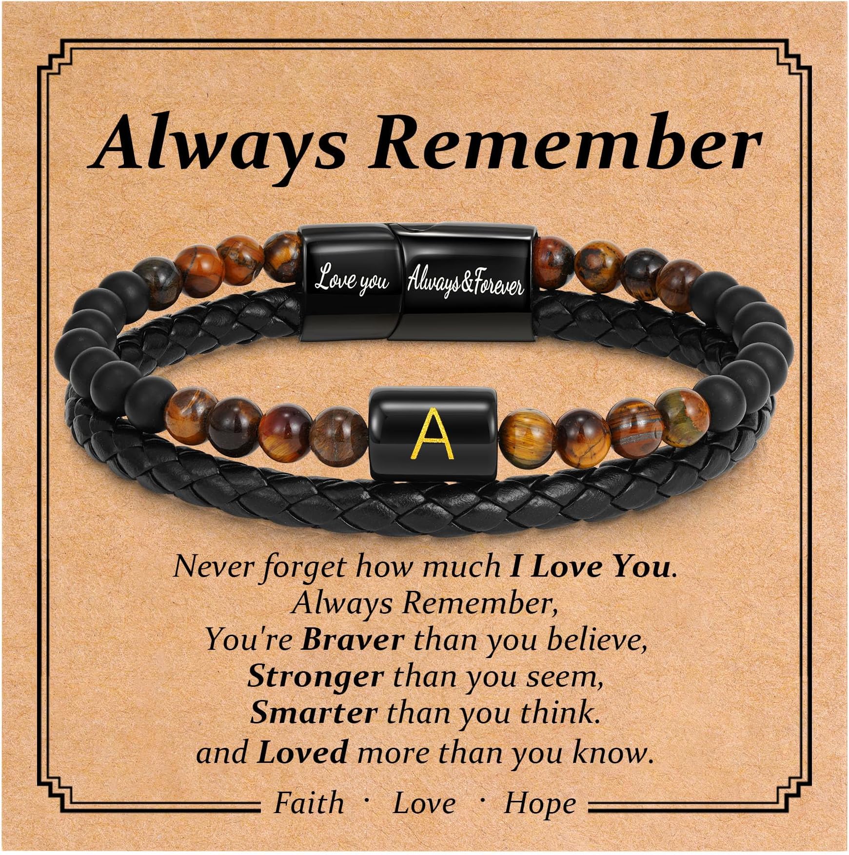 Initial Bracelet for Men Dad, Gifts for Fathers Day from Daugther Son Leather Beads Initial Bracelet Natural Stone Bracelets Gifts for Him Husband Grandpa Teen Boys
