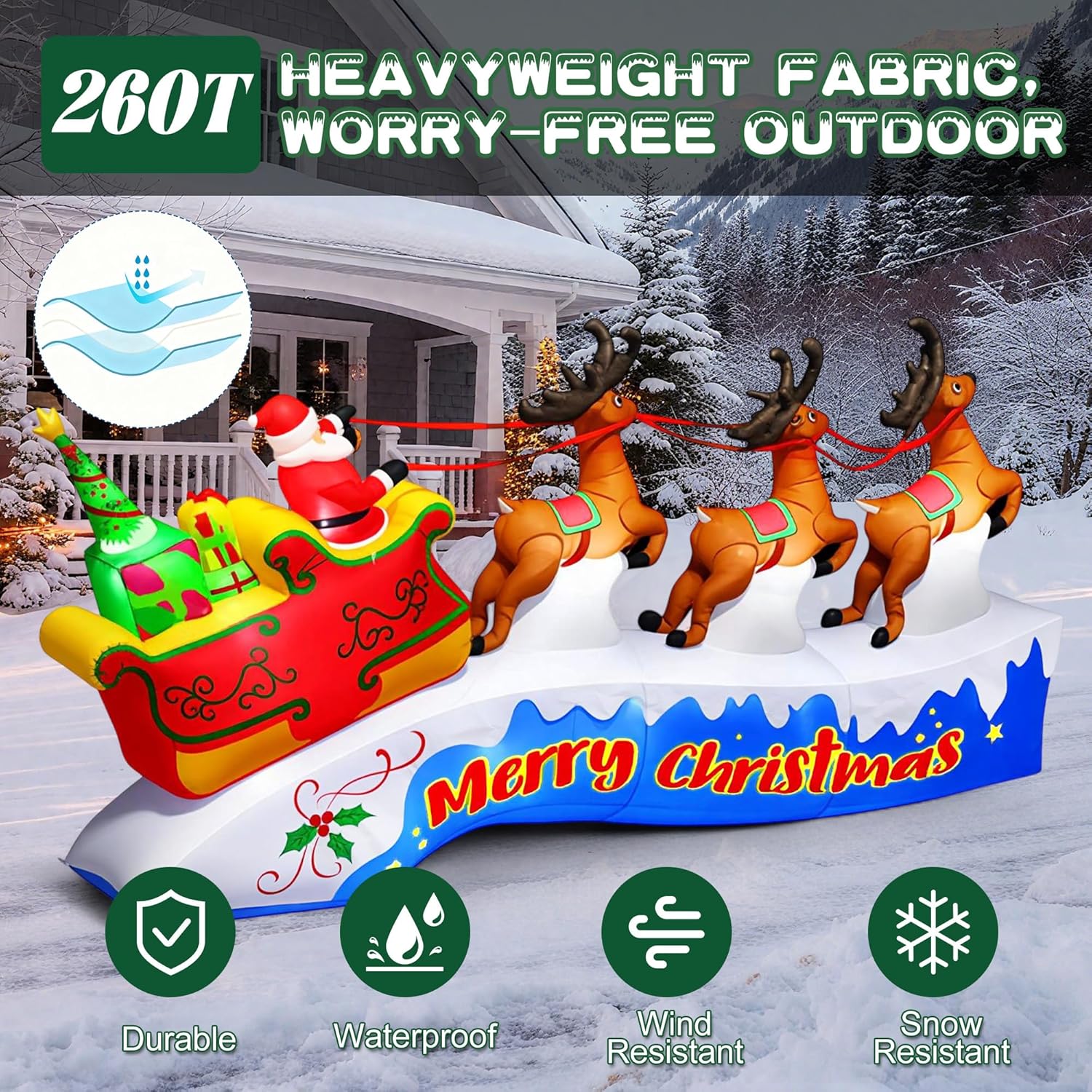 12FT Long Christmas Inflatables Outdoor Decorations, Santa Claus on Sleigh and 3 Reindeers Giant Blow Up Yard Decorations with Built-in Bright LED Lights for Outside Lawn Holiday Xmas Decor - Image 4