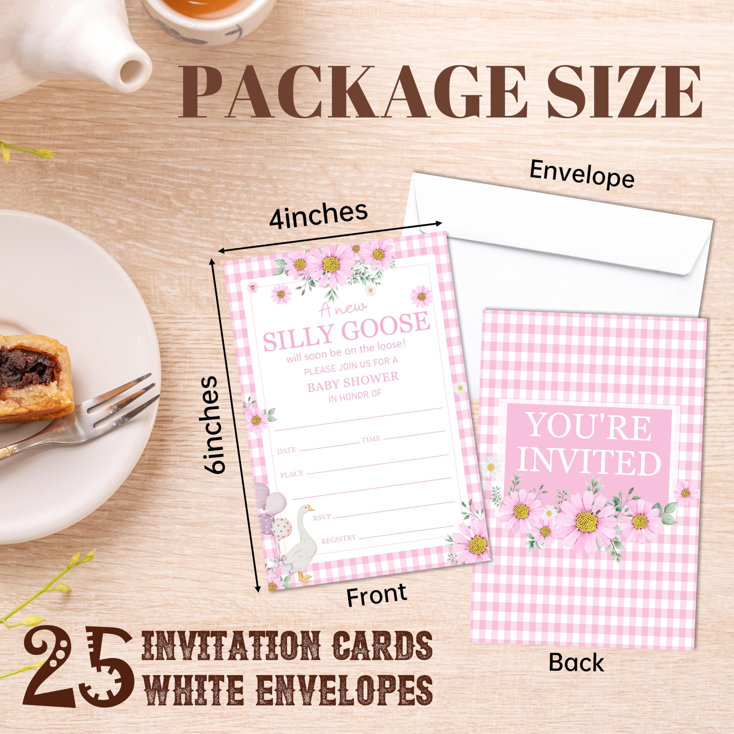 Zaproszenie na baby shower, zaproszenie do ujawnienia płci Silly Goose, 25 różowych zaproszeń w kratkę, stokrotka, z kopertami dla dziewcząt, zaproszenia na ogłoszenie dziecka do dekoracji na