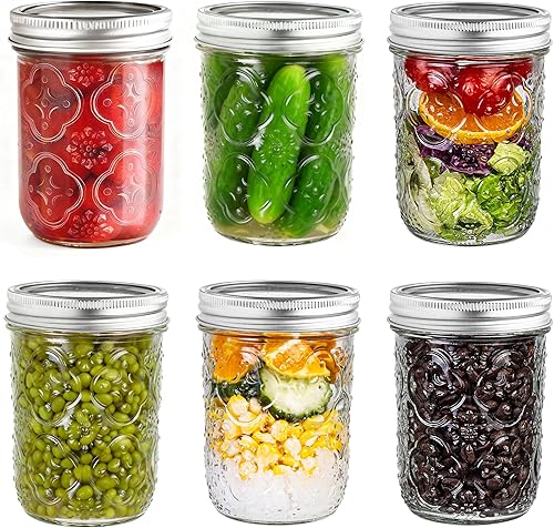 Tarros Mason de 16 onzas con tapas, paquete de 6 tarros de vidrio de boca ancha, tarros de vidrio vintage con tapas de metal para conservas,