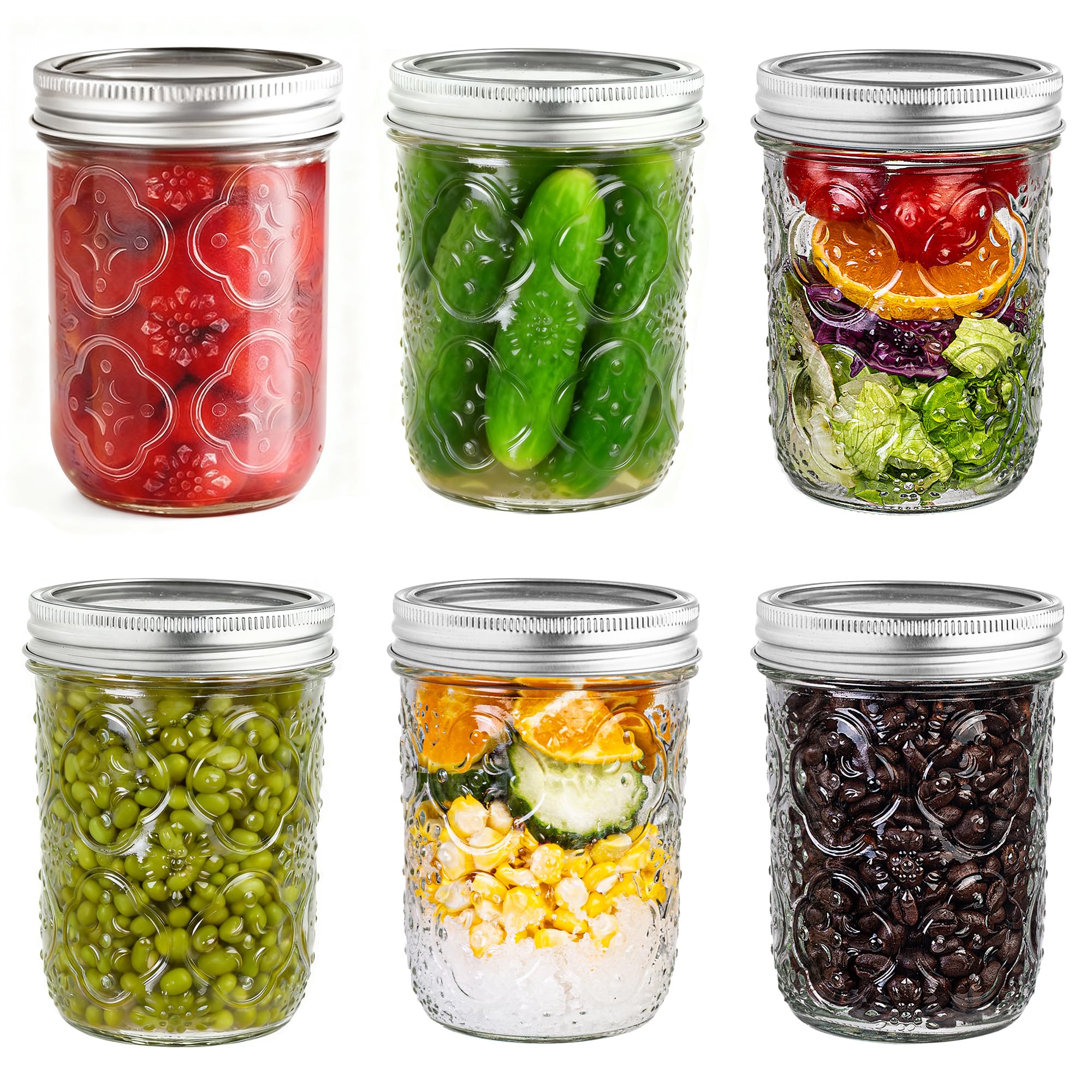 Photo 1 of QWEZXO Mason Jars 16oz with Lids-6 Pack Wide Mouth Glass Mason Jar Vintage Glass Canning Jars with Metal Lids for Canning, Pickling, Food Storage