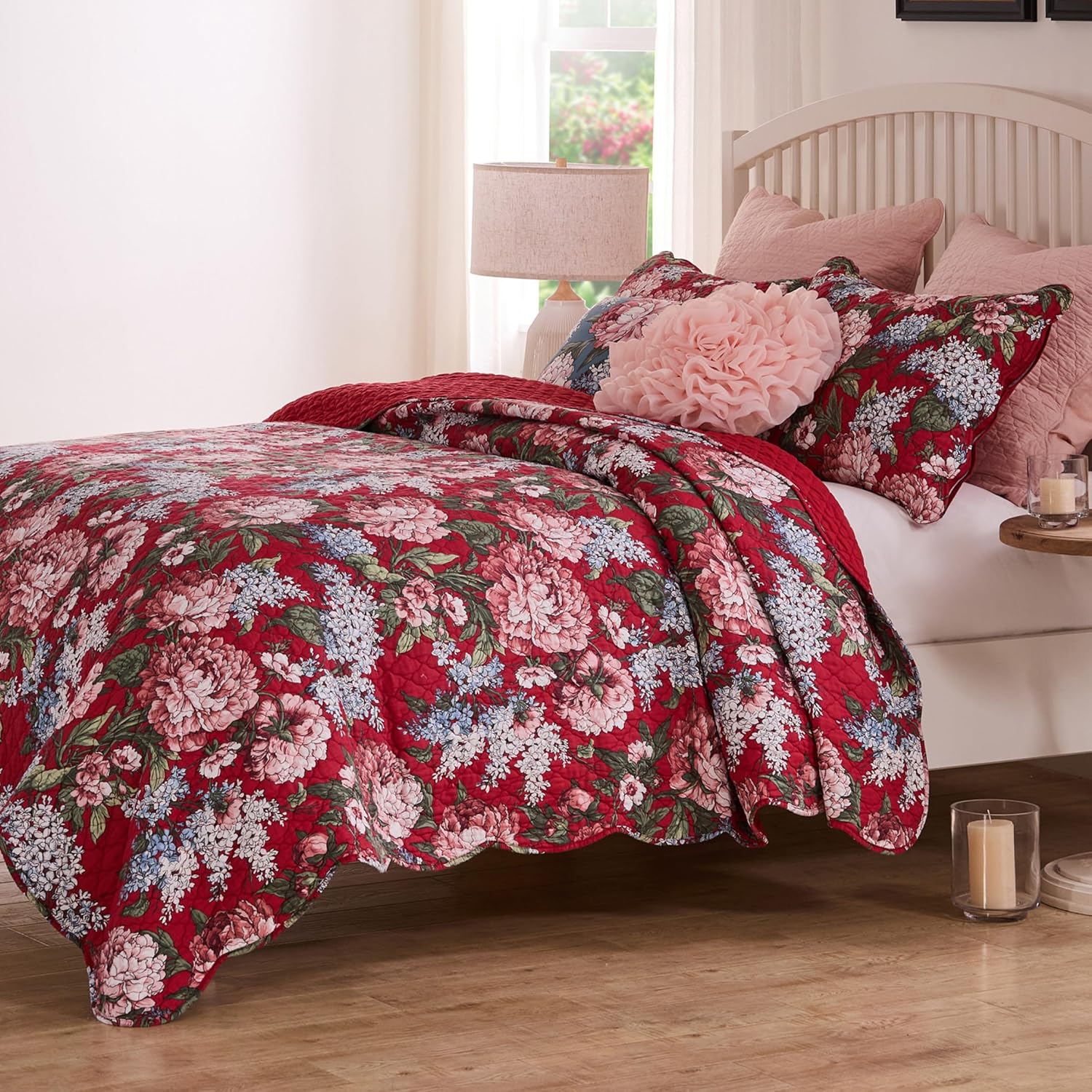 Greenland Home Millie Traditional Floral Cotton-Rich Quilt Set, 3-Piece King/Cal King, Garnet