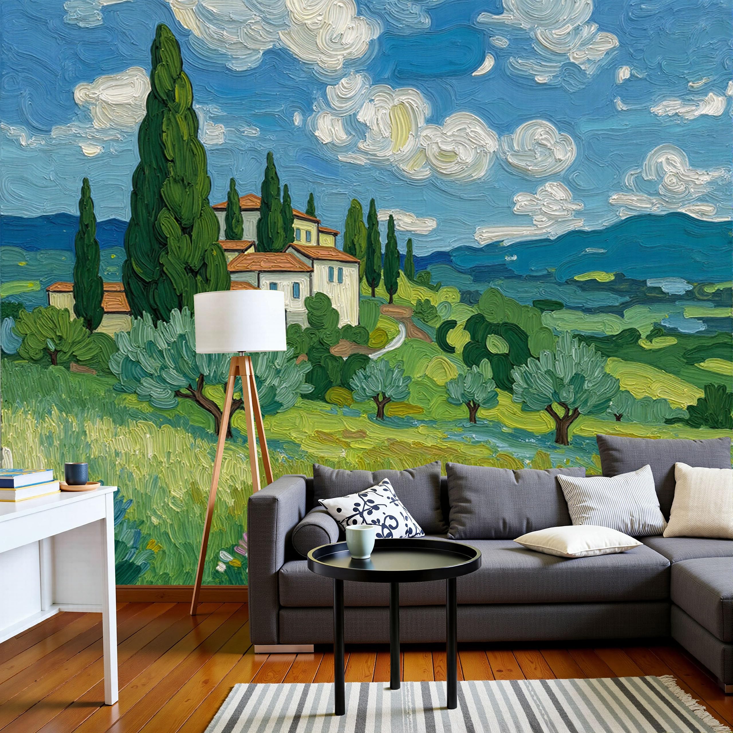 Pintura Al Óleo Un Pueblo En Una Ladera. Papel Pintado, 350 X 256 Cm Pared Papel Pintado, Paisaje Rural Decoración De Paredes Para Salón Dormitorio Pasillo Comedor, Verde