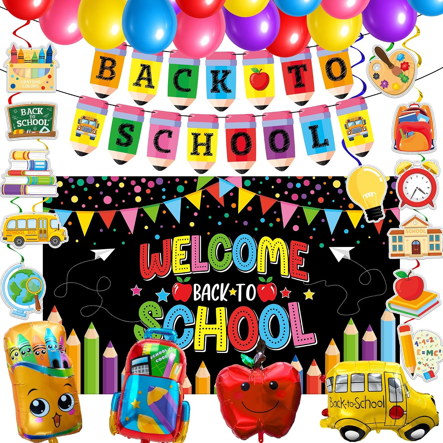 Joy Bang Back to School Decorations, Back to School Banner with Hanging Swirls Apple School Bus Pencil Balloons Welcome Back to School Photo Backdrop First Day of School Decorations Classroom Decor