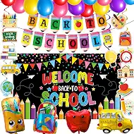 Joy Bang Back to School Decorations, Back to School Banner with Hanging Swirls Apple School Bus Pencil Balloons Welcome Back to School Photo Backdrop First Day of School Decorations Classroom Decor