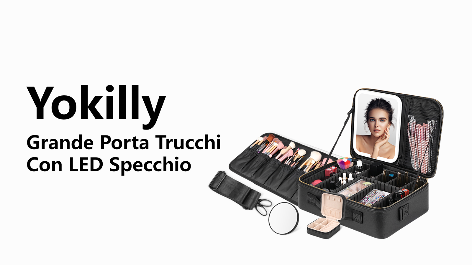 Beauty Case Da Viaggio Con Specchio LED 3 Modalità - Borsa Trucchi Con Divisori Regolabili, Nero - Foto 3