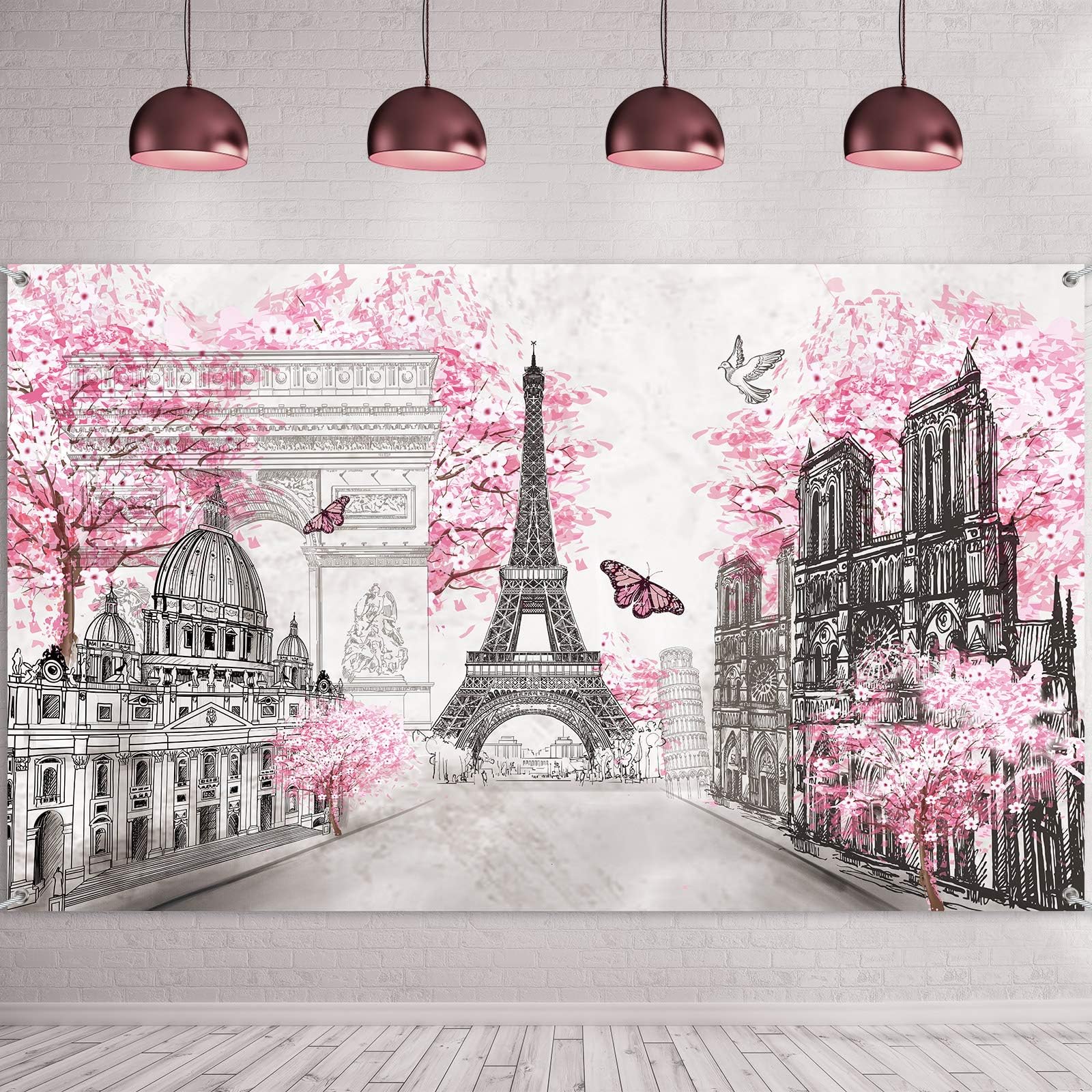 Paris Tapestry Wall Art Eiffel Tower Photo Banner Background European City Landscape Pink Wall Hanging Decor for Living Room Girl Bedroom Paris Themed Party Decor, 72.8 x 43.3 Inch