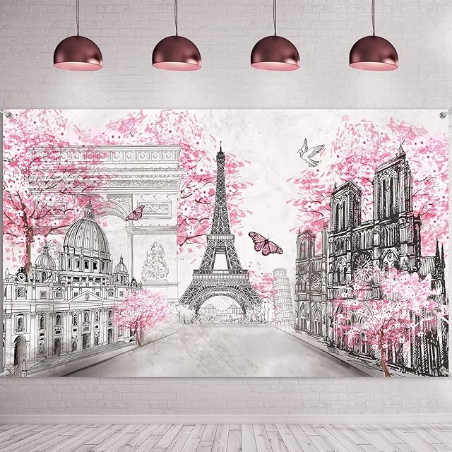 Paris Tapestry Backdrop Paris Wall Art Eiffel Tower Photo Banner Background European City Landscape Pink Wall Hanging Decor for Living Room Girl Bedroom Paris Themed Party Decoration, 72.8 x 43.3 Inch