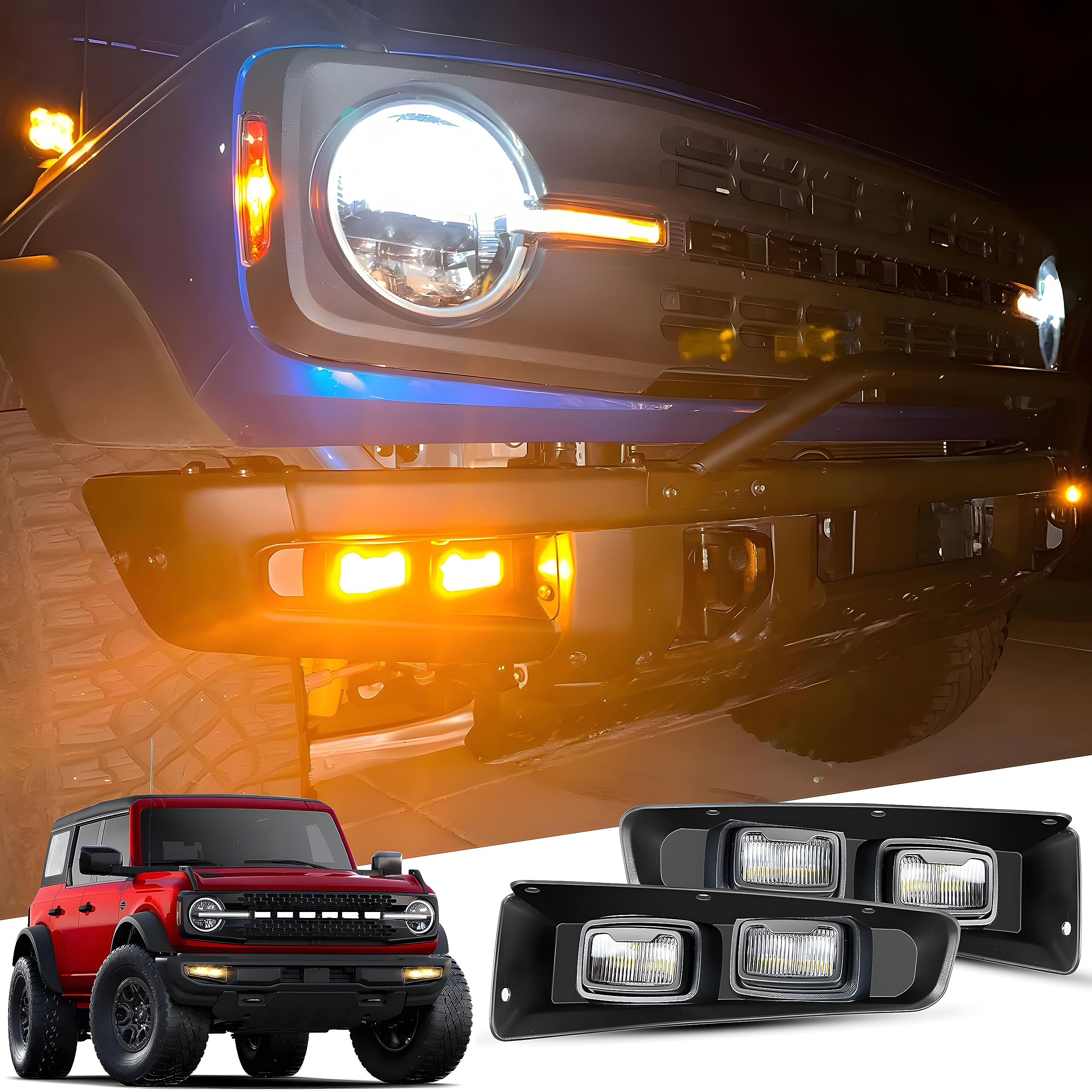 Fog Light Assemblies Compatible with Bronco Accessories 2021 2022 2023 2024 2/4-Door, LED Daytime Runing Light, Front Bumper Fog Light, 2PCS