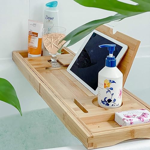 Deep Calm Bathtub Tray Caddy - Bamboo Expandable Bath Tub Table, Bath Tray holds all Bathtub Accessories, Perfect Luxury Relaxing Gift for Self Care