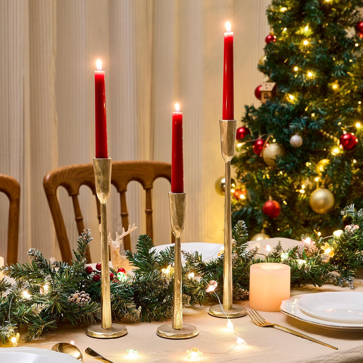 Cast Iron Taper Candle Holder Set of 3, Heavyweight Tall Candlestick Holders, Antique Gold, for Fireplace Mantle & Dining Table, Versatile Decor for Wedding, Holiday, Home & Christmas - Image 2