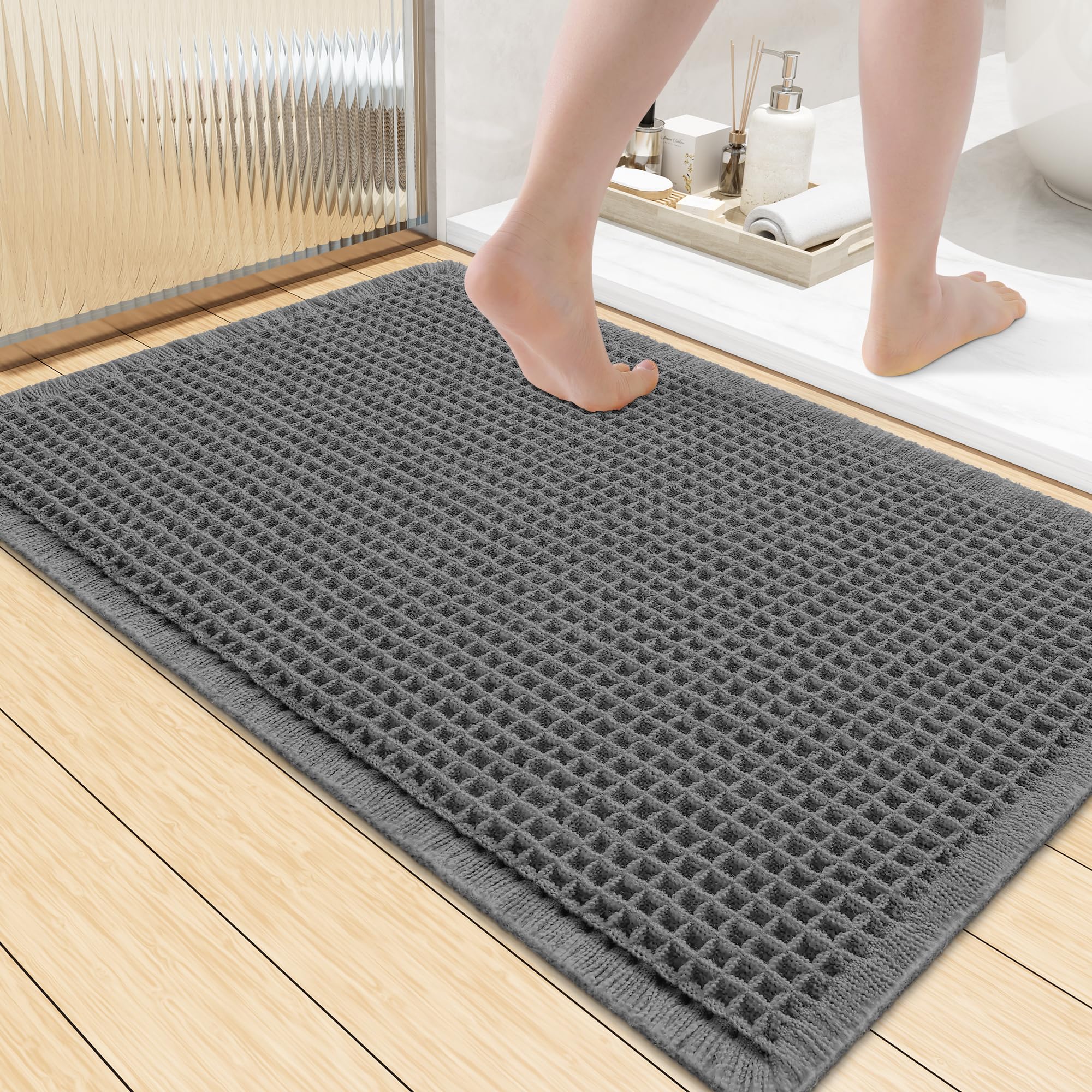 Homaxy Waffle Bath Mat Non Slip Boho Bathroom Mat - 60x90 cm, Dark Grey