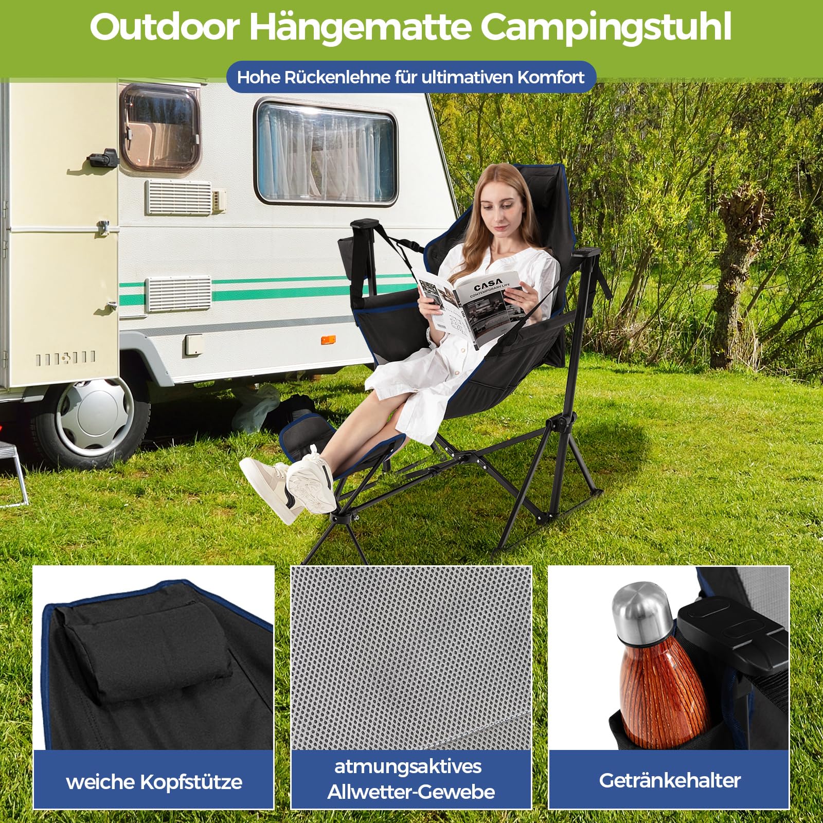 COSTWAY Campingstuhl mit Fußstütze, Verstellbarer Rückenlehne, Kopfstütze & Getränkehalter, klappbarer Angelstuhl, Faltstuhl, Klappstuhl, Tragfähigkeit 150 kg, inklusive Tragetasche