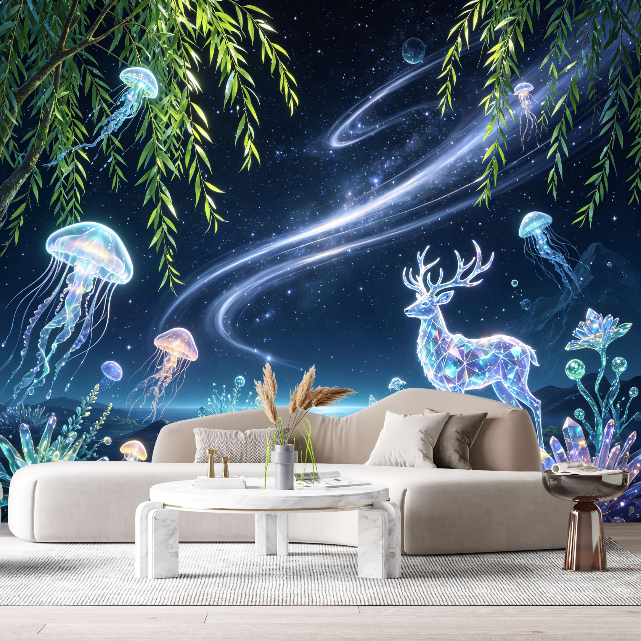 Custom Size Wall Murals Abstract Celestial Deer Jellyfish Bioluminescent Glowing Galaxy Ocean SelfAdhesive Wall Fabric Removable Large Wallpaper Photo for Living Room