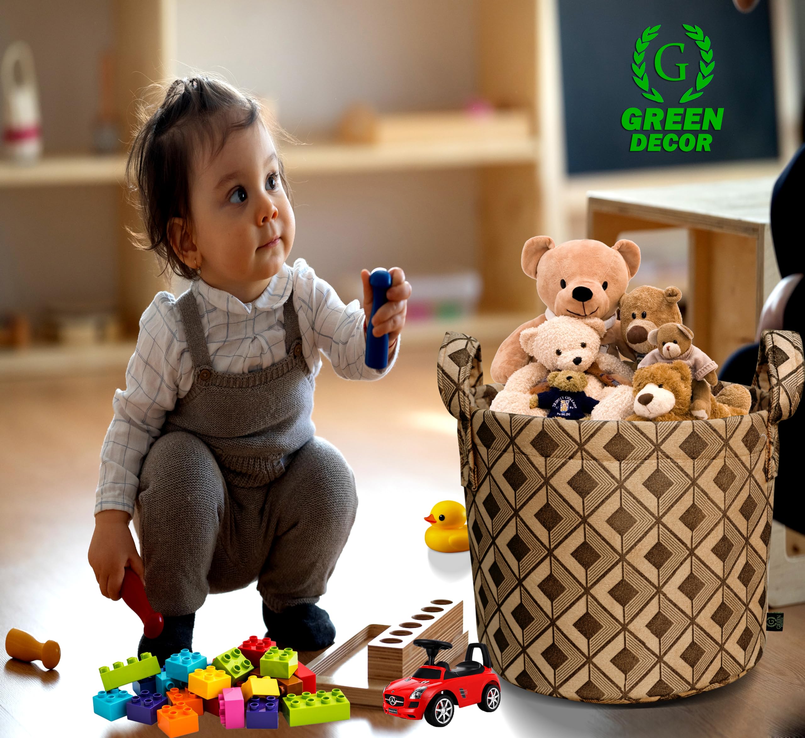 GREEN DECOR - Non Woven Fabric 2 IN 1 Designer Diaper Caddy & Toy Bin With Handles Combo for Smart Mothers Newborn Baby Products Unbreakable Toy Bins Foldable & Portable (Square Check Print, Brown) - Image 6 thumbnail