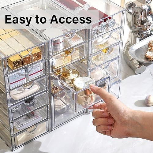 Miniatura 7 de Prsildan Organizador de maquillaje acrílico con 4 cajones, juego de 2 organizadores de escritorio de oficina, cajones de almacenamiento apilables