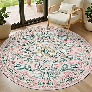 PLHXFR Round Area Rug Living Room: 4 ft Floral Washable Carpet Pink Green