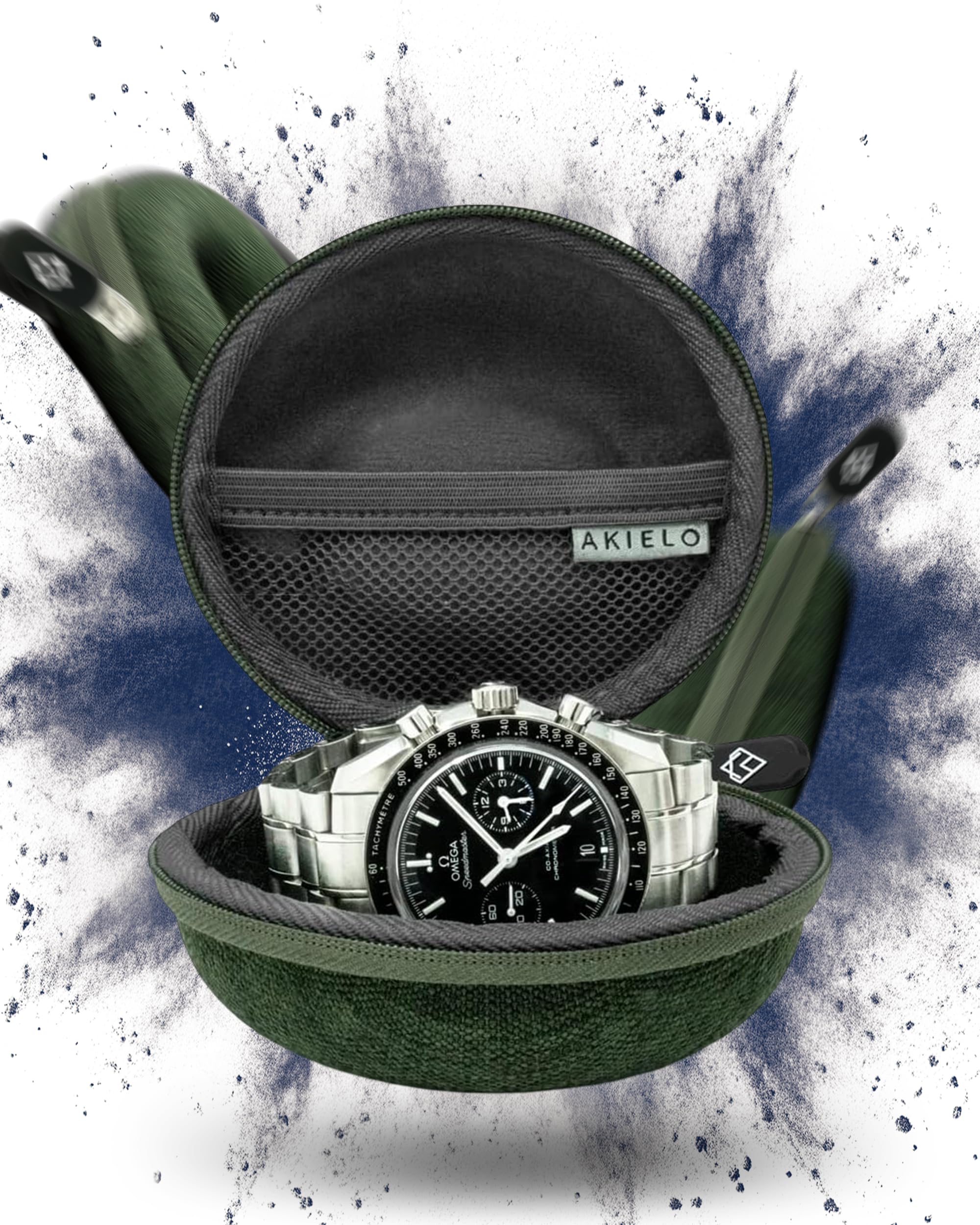 AKIELO Watch Case – Watch Travel Case with Cleaning Cloth and Gift Box – Fits Mens and Womens Wristwatches and Smart Watches up to 54mm (Forest Green Edition)