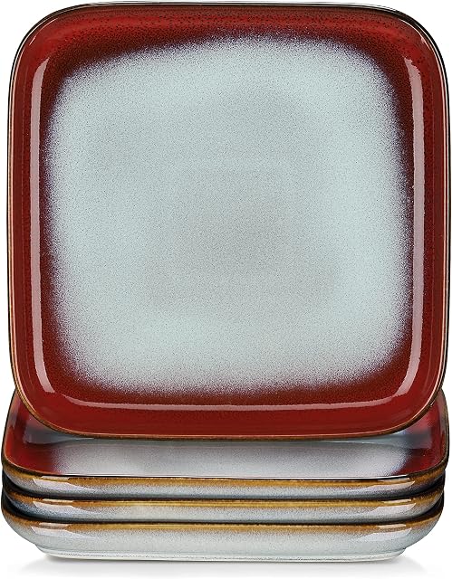 vancasso Stern Square 4-Piece Dessert Plate Set, Reactive Glaze Red 7.3in Salad/Fruit/Snack/Side Plate, Ceramic Crockery in Vintage Look. (18.5x18.5x2cm)