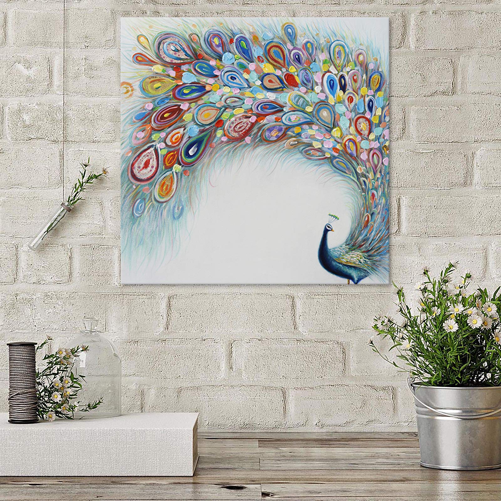 7CANVAS-Hand Painted Peacock Oil Painting Wall Art- Modern Animal Wall Decor Stretched Canvas Art Wall Decoration for Living Room Bedroom Decor 32x32 Inch
