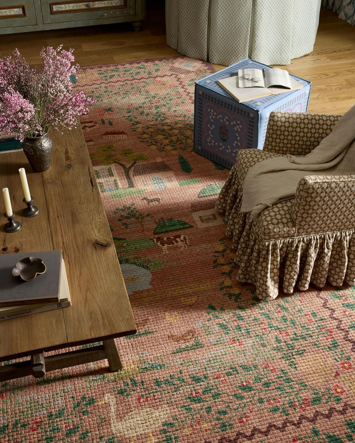 Loloi Rifle Paper Co. Orchard Collection ORH-02 Mauve/Multi 7'-6" x 9'-6" Area Rug Machine Washable, Floral, Vintage Inspired,Farmhouse,Printed,Low Pile,Soft,Living Room,Bedroom,Dining,Carpet