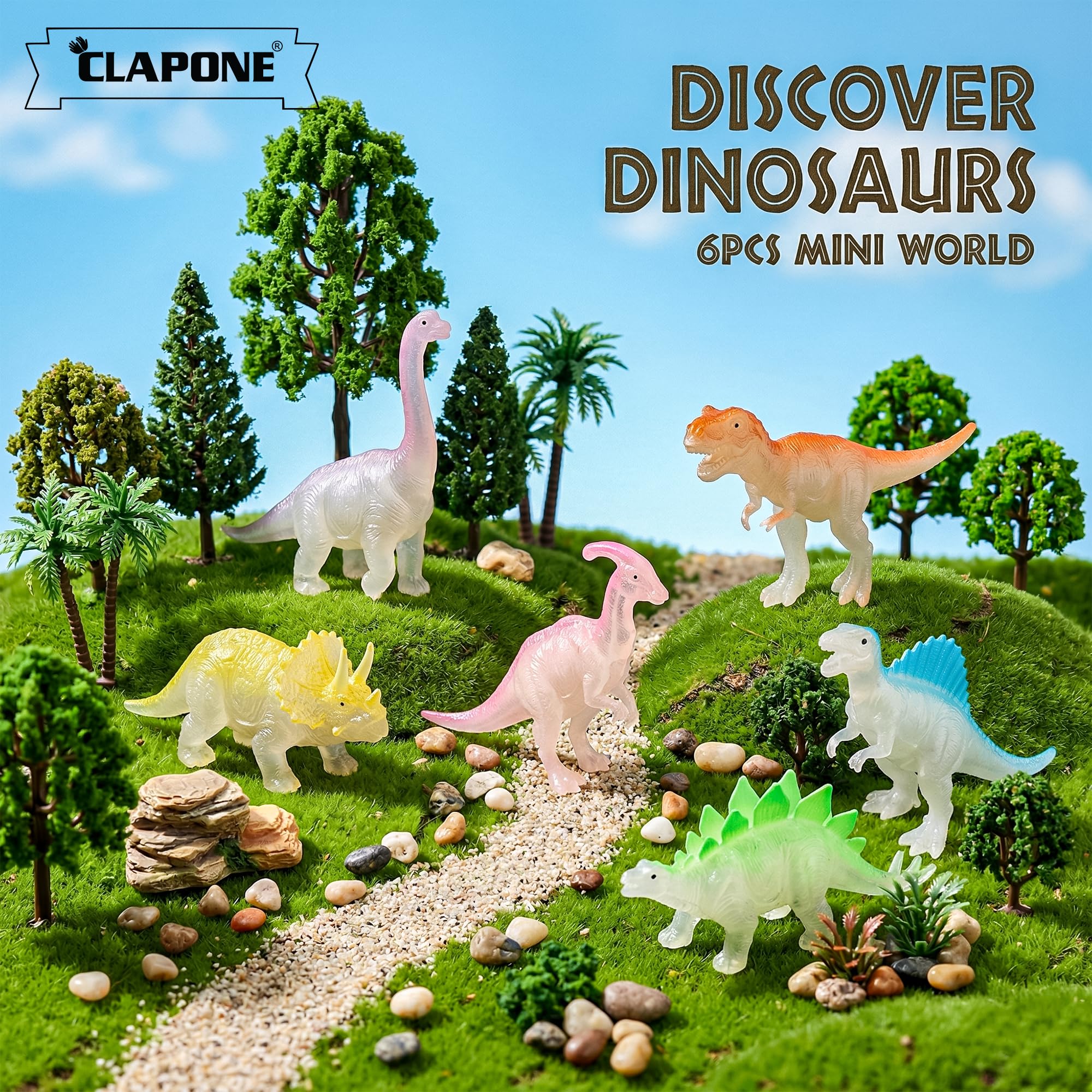 Dinosaur 6 Pcs Glow in Dark Mini Dinosaur Toy Set for Kids – Dino Action Figure Cupcake Toppers, Party Favors, Goody Bag Fillers, Classroom Prizes & Birthday Decorations for Boys & Girls 3