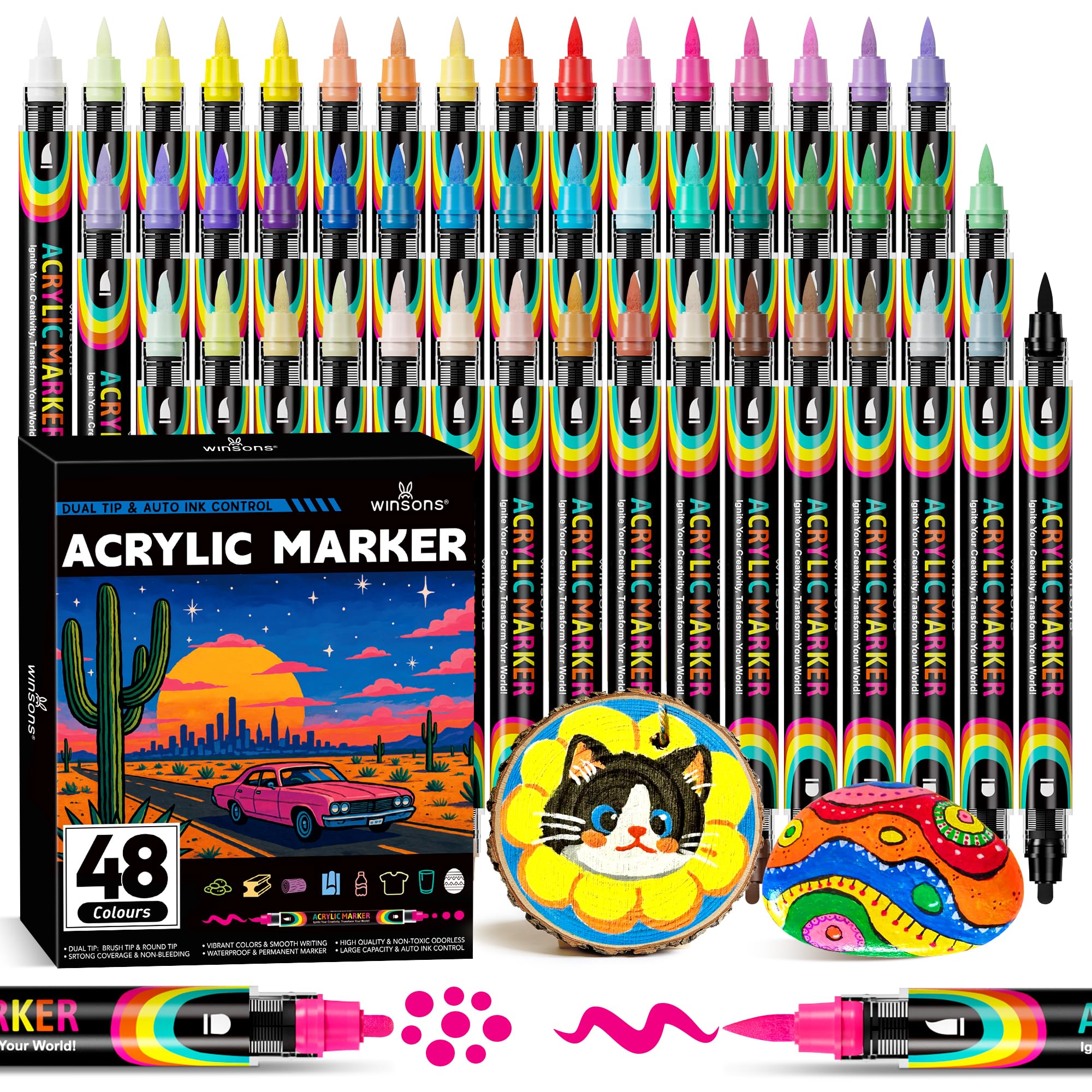 WINSONS Colouring Pens 48 Colors, Dual-Tip Acrylic Paint Pens, Waterproof, Non-Toxic, Suitable for Multiple Surface